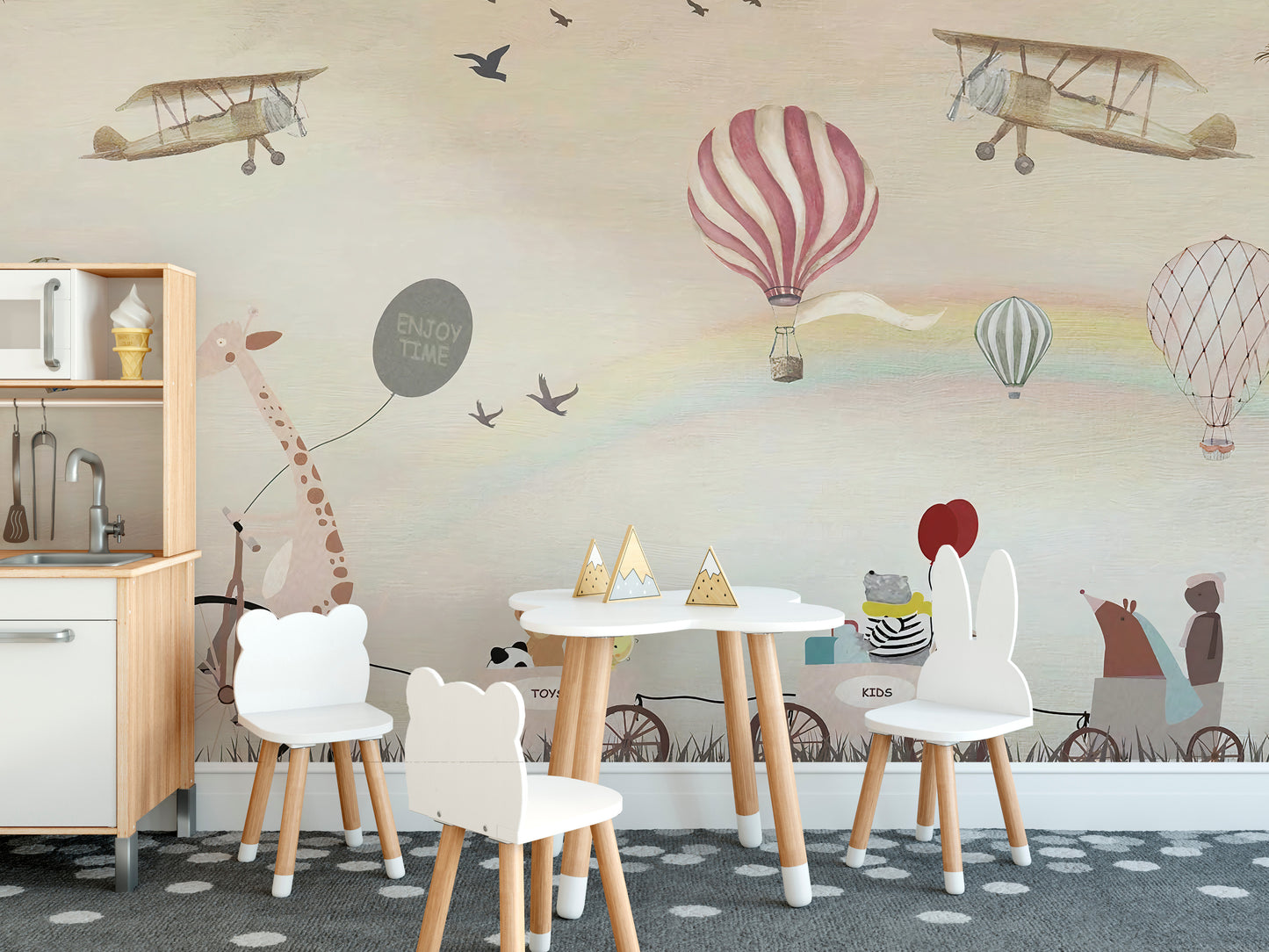 Beige Color Jovial Animals Wallpaper Mural