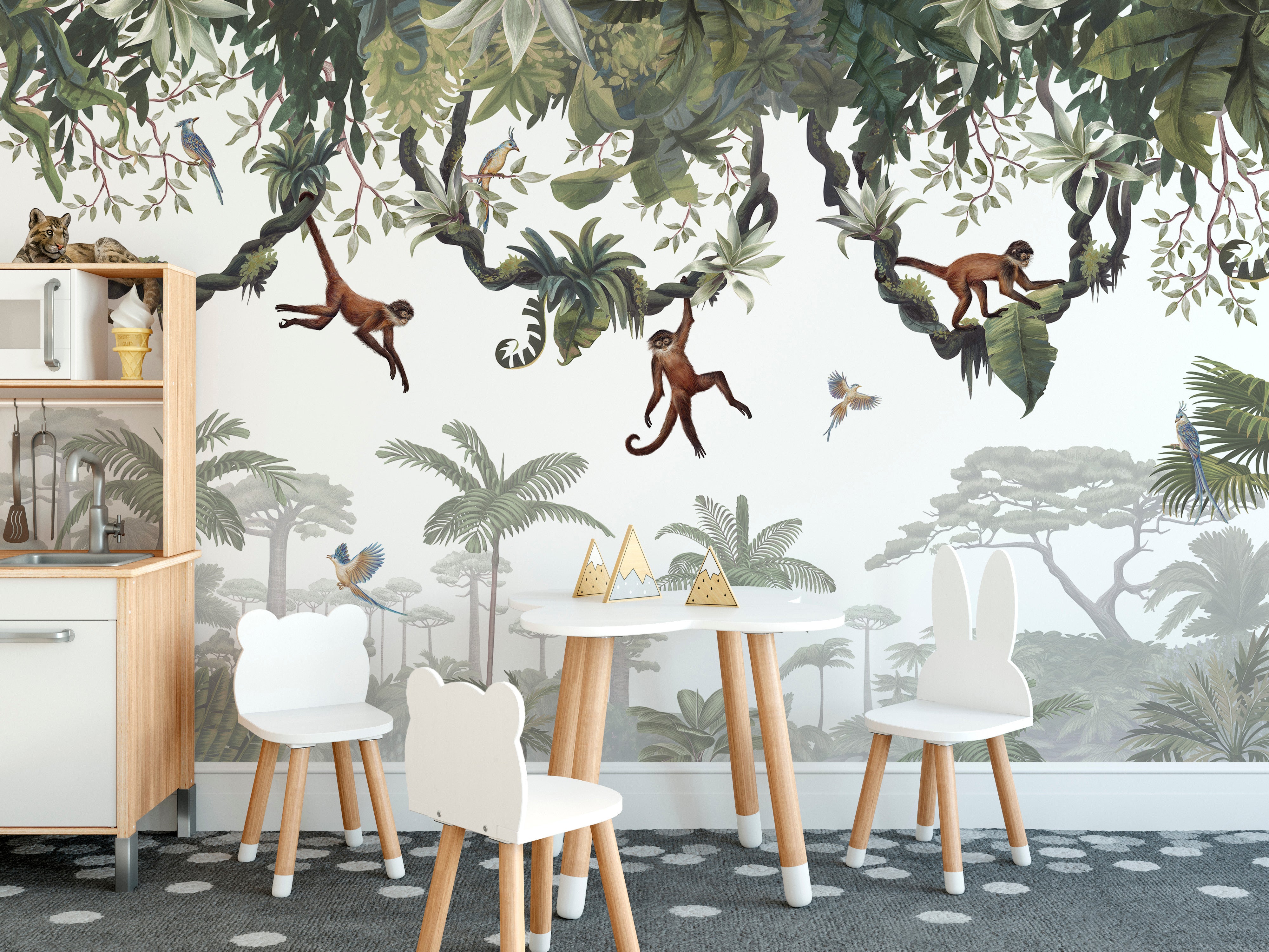 Hanging monkeys wallpaper featuring vibrant jungle design