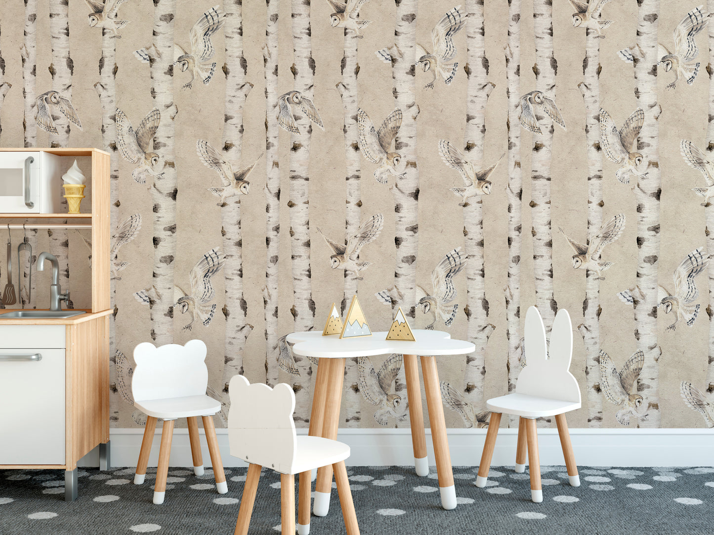 Owl Birch Forest Wallpaper - Beige