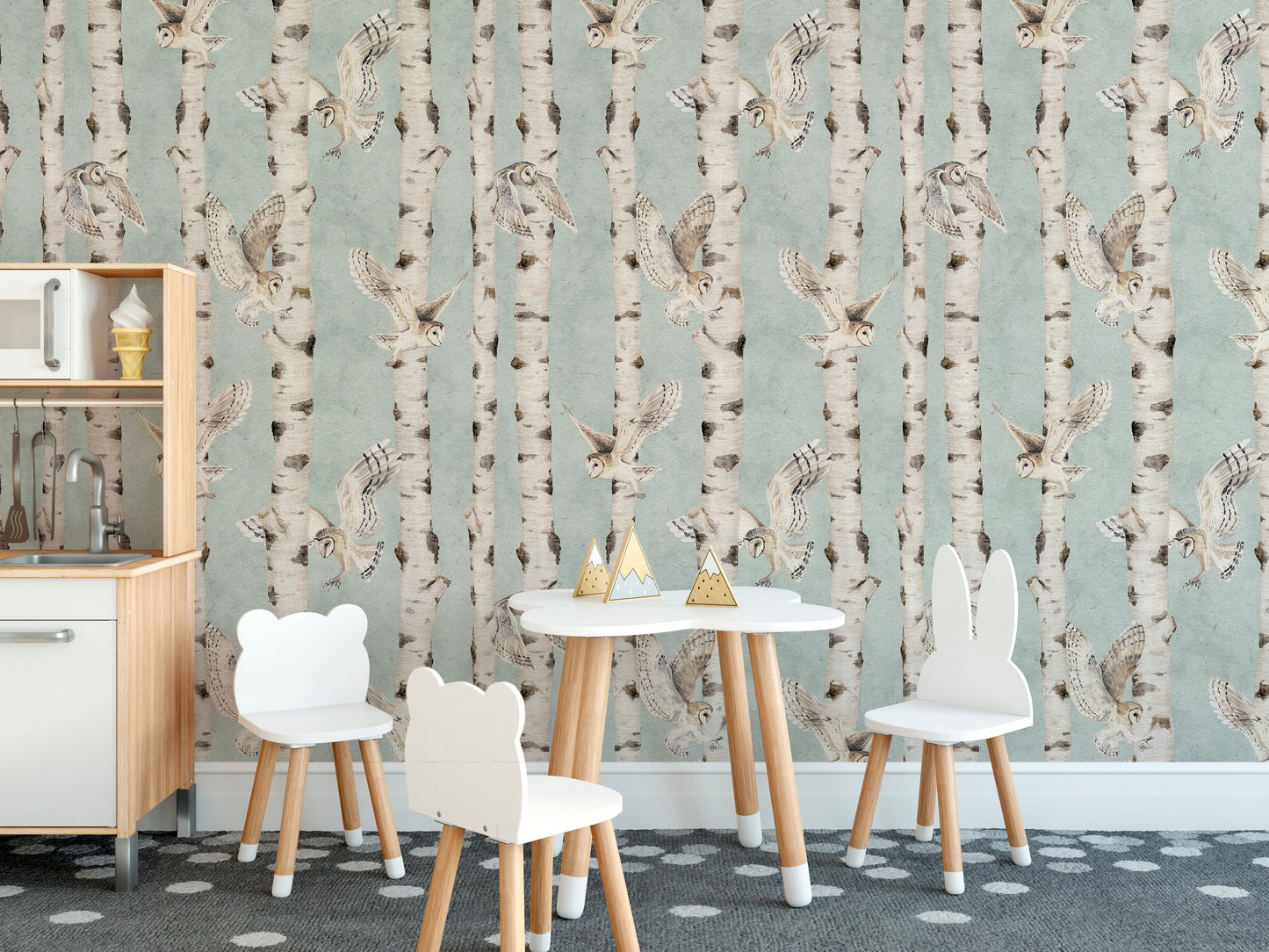 Owl Birch Forest Wallpaper - Blue