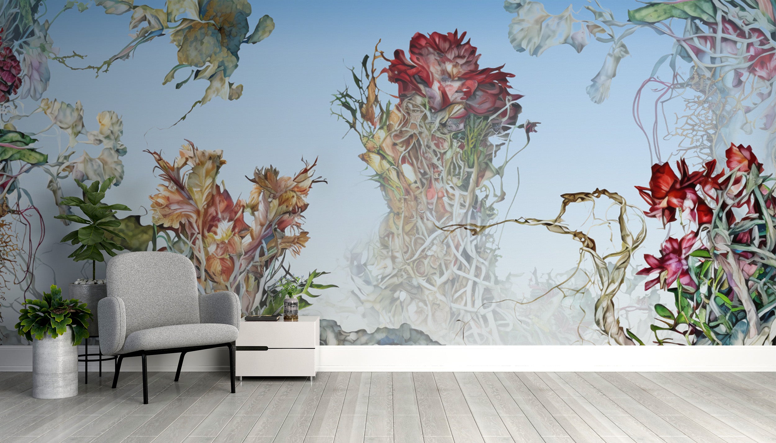 Add a burst of color with flowering roots wallpaper mural design.