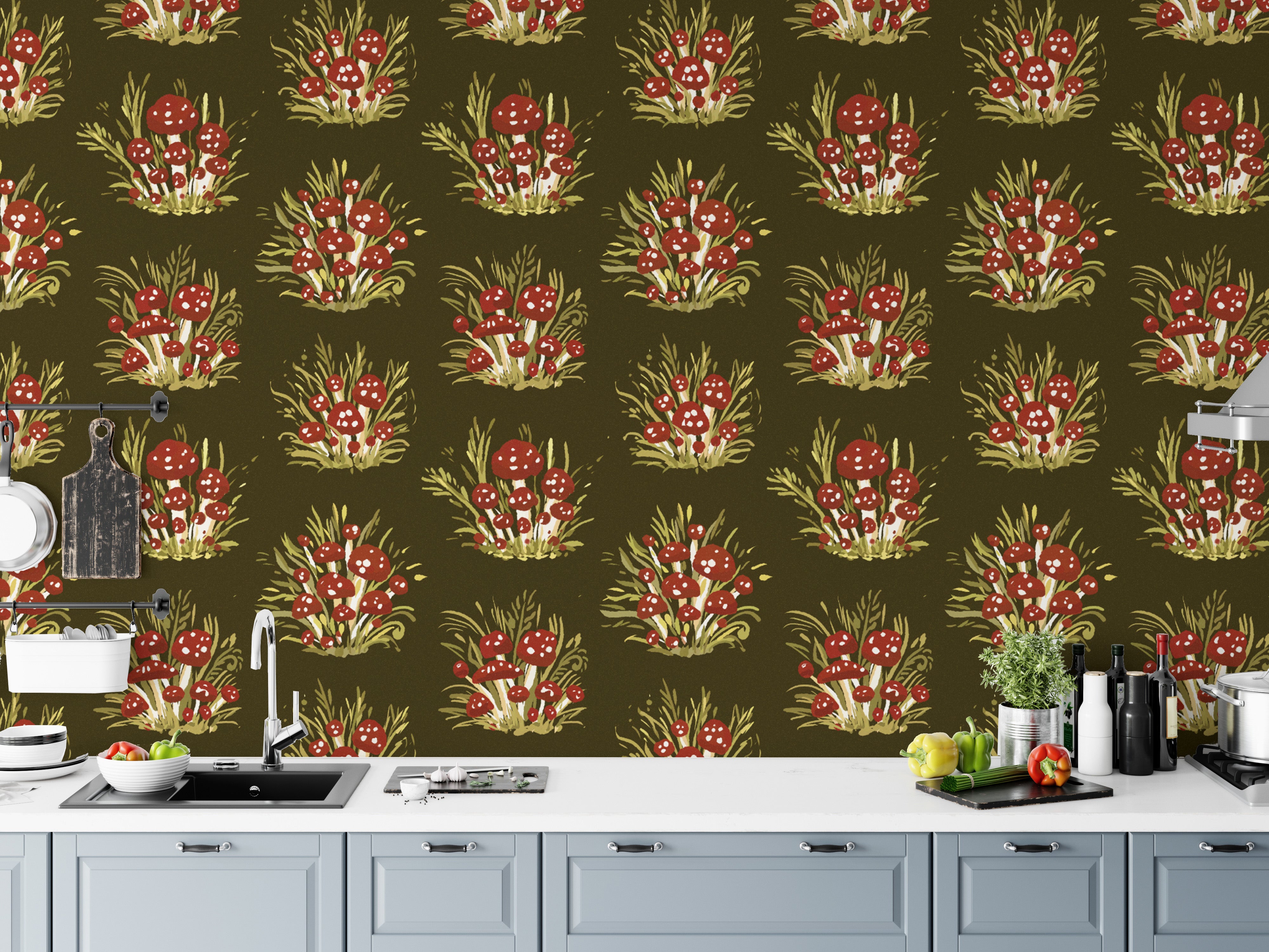 Sophisticated millefleurs dark wallpaper with mushrooms for cozy walls.
