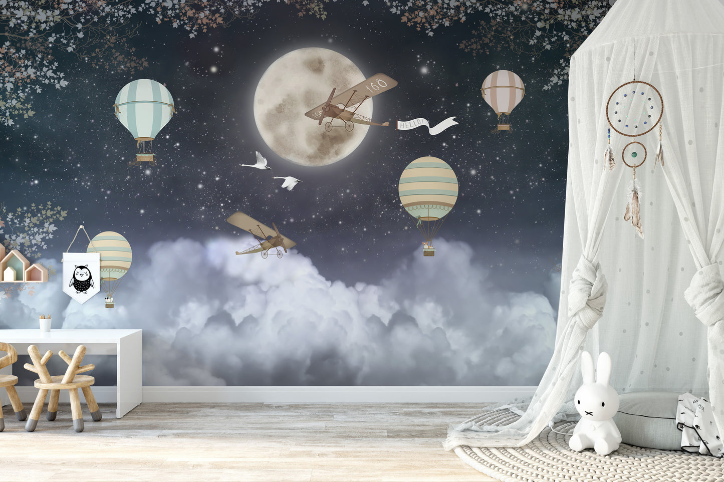 Shinny Stars Night Hot Air Balloons Wallpaper Murals