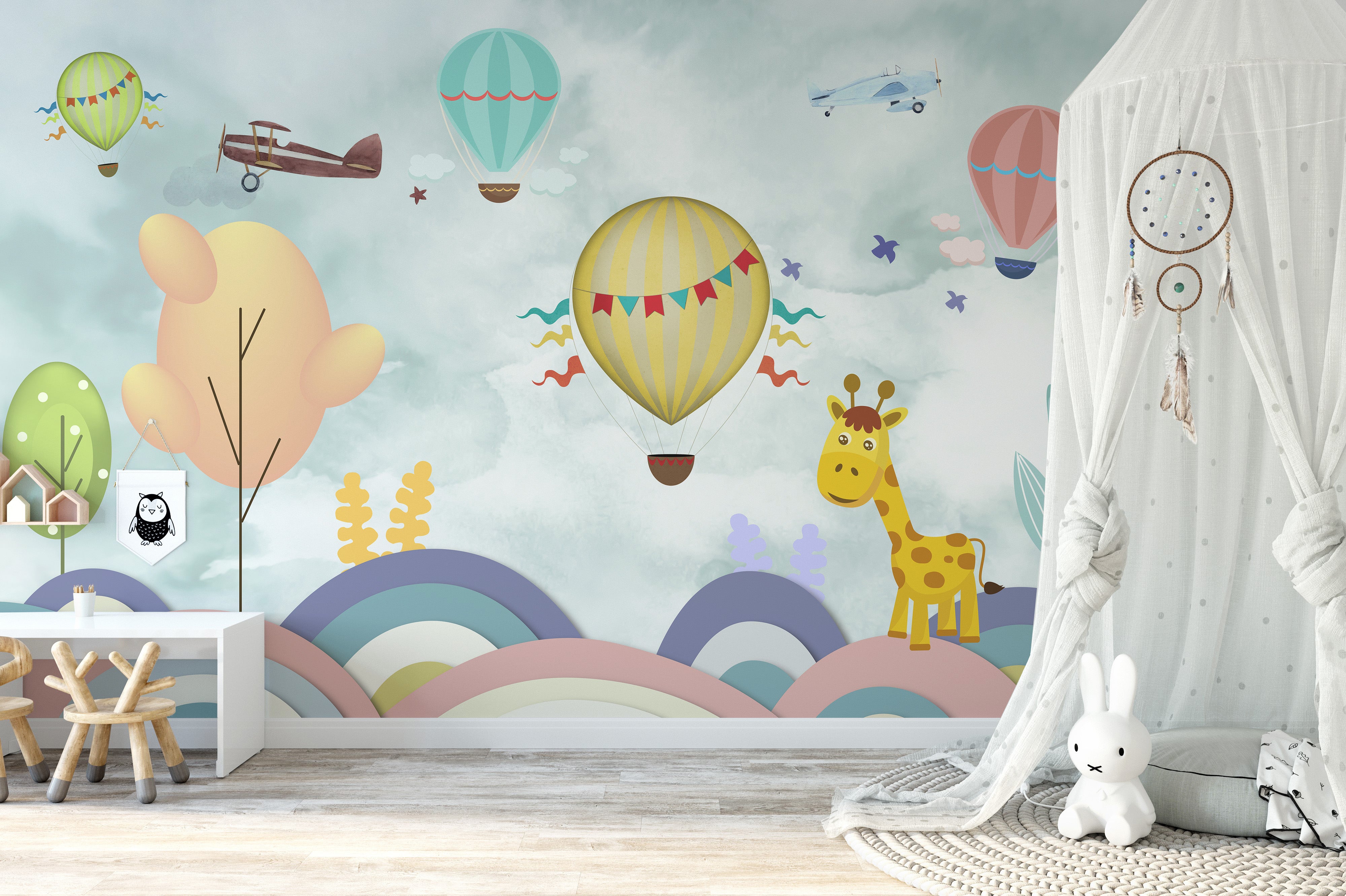 Hot Air Balloon Cartoon Kids Room Wallpaper Mural - Giffywalls