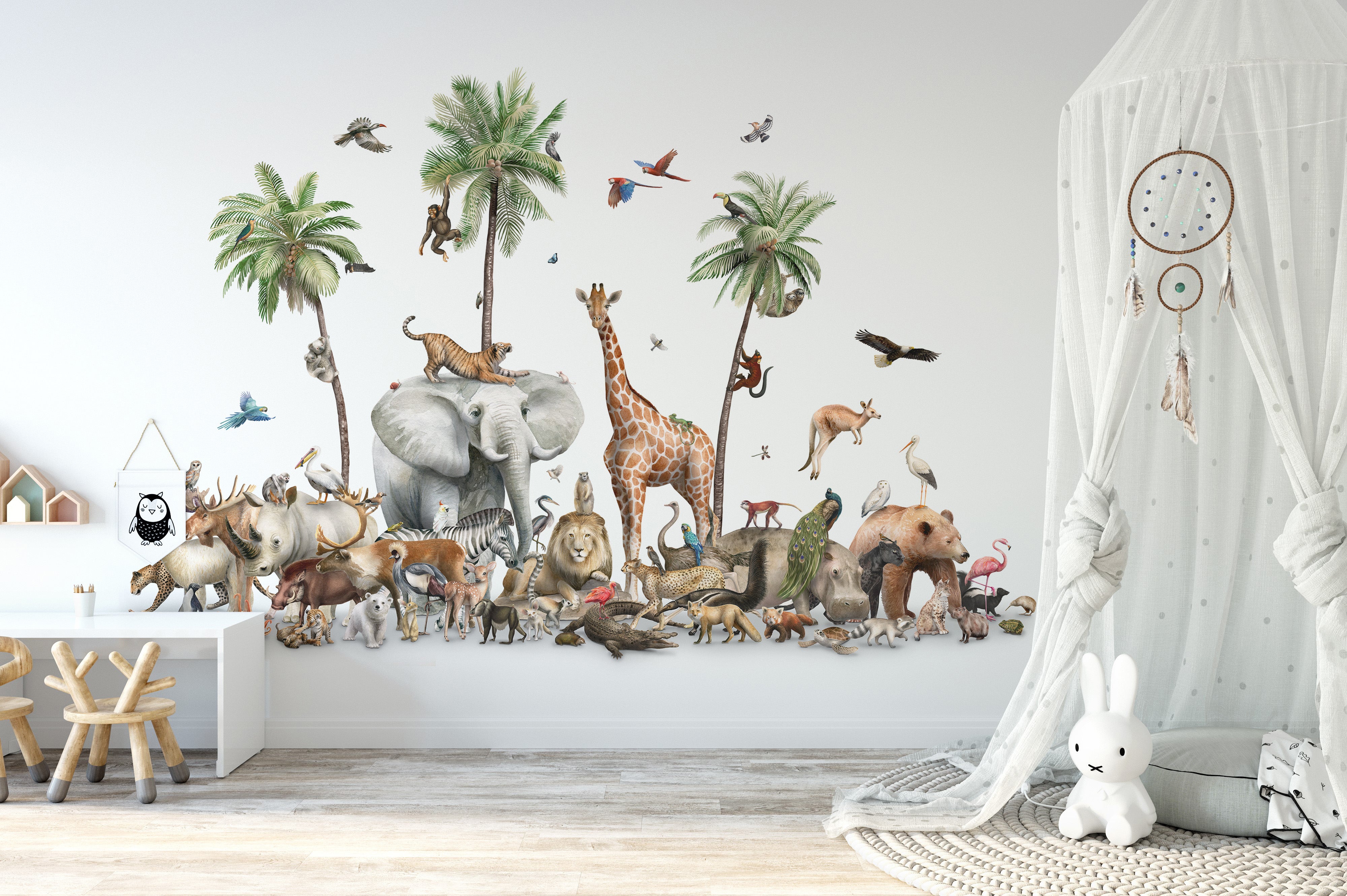 Tropical jungle safari mural with wildlife and palm trees