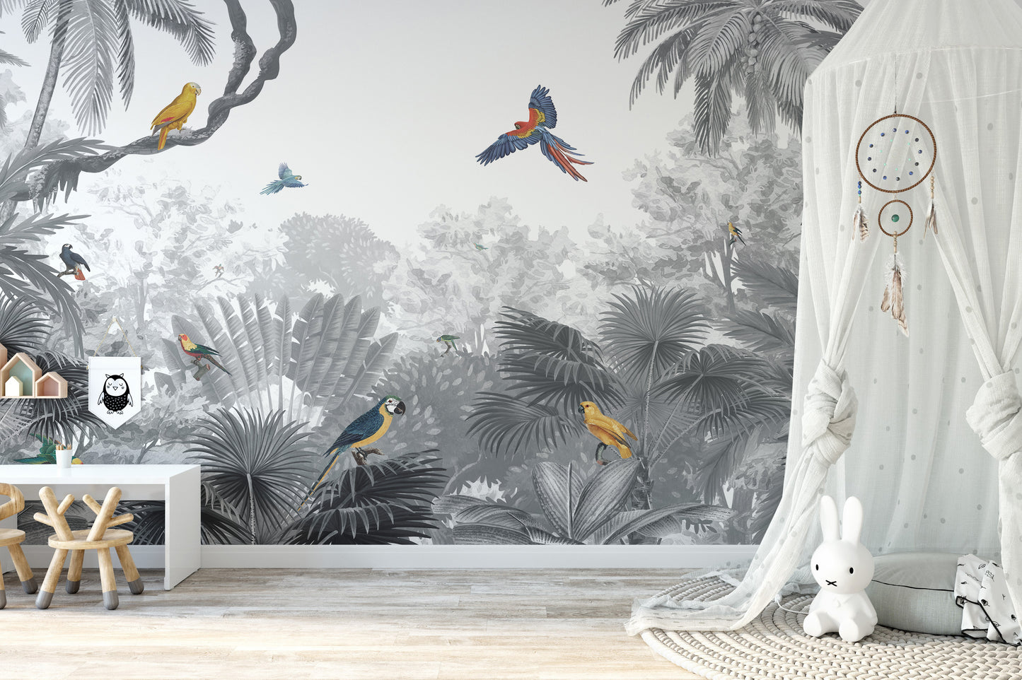 Monochrome tropical jungle wallpaper with vibrant birds