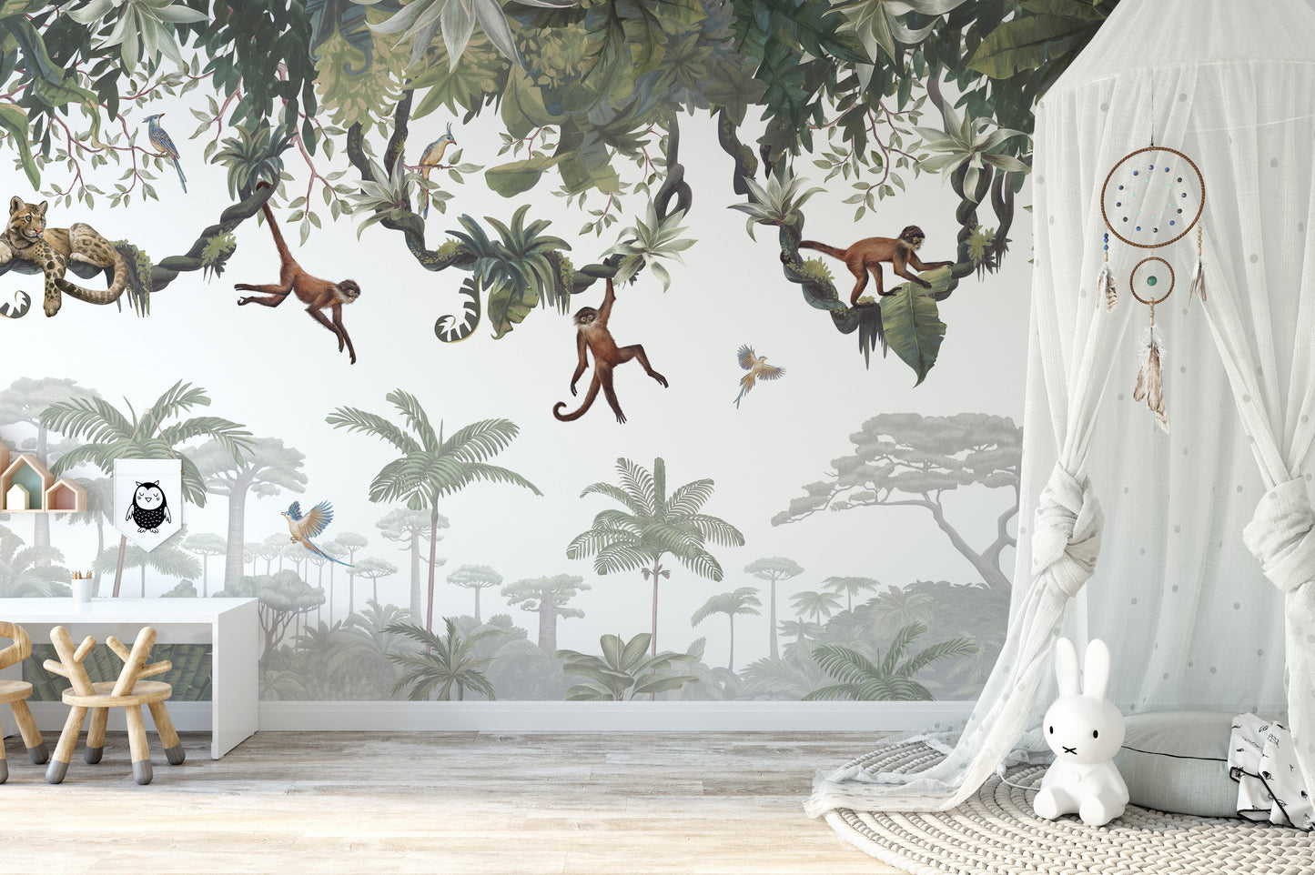 Jungle wallpaper murals with playful hanging monkeys theme