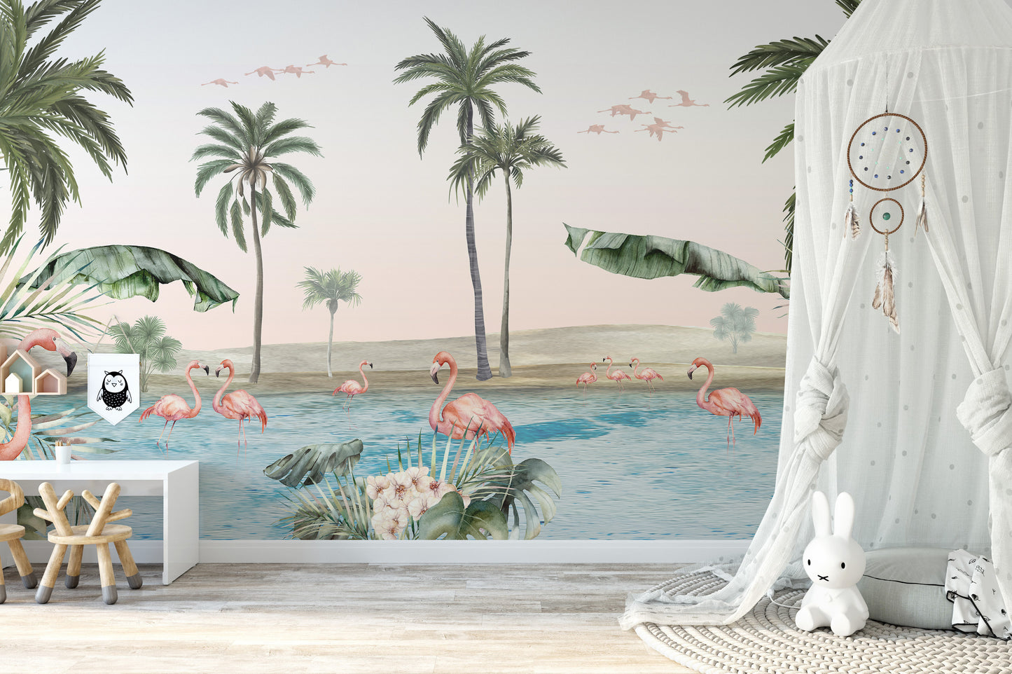 Flamingo oasis with pink background wallpaper