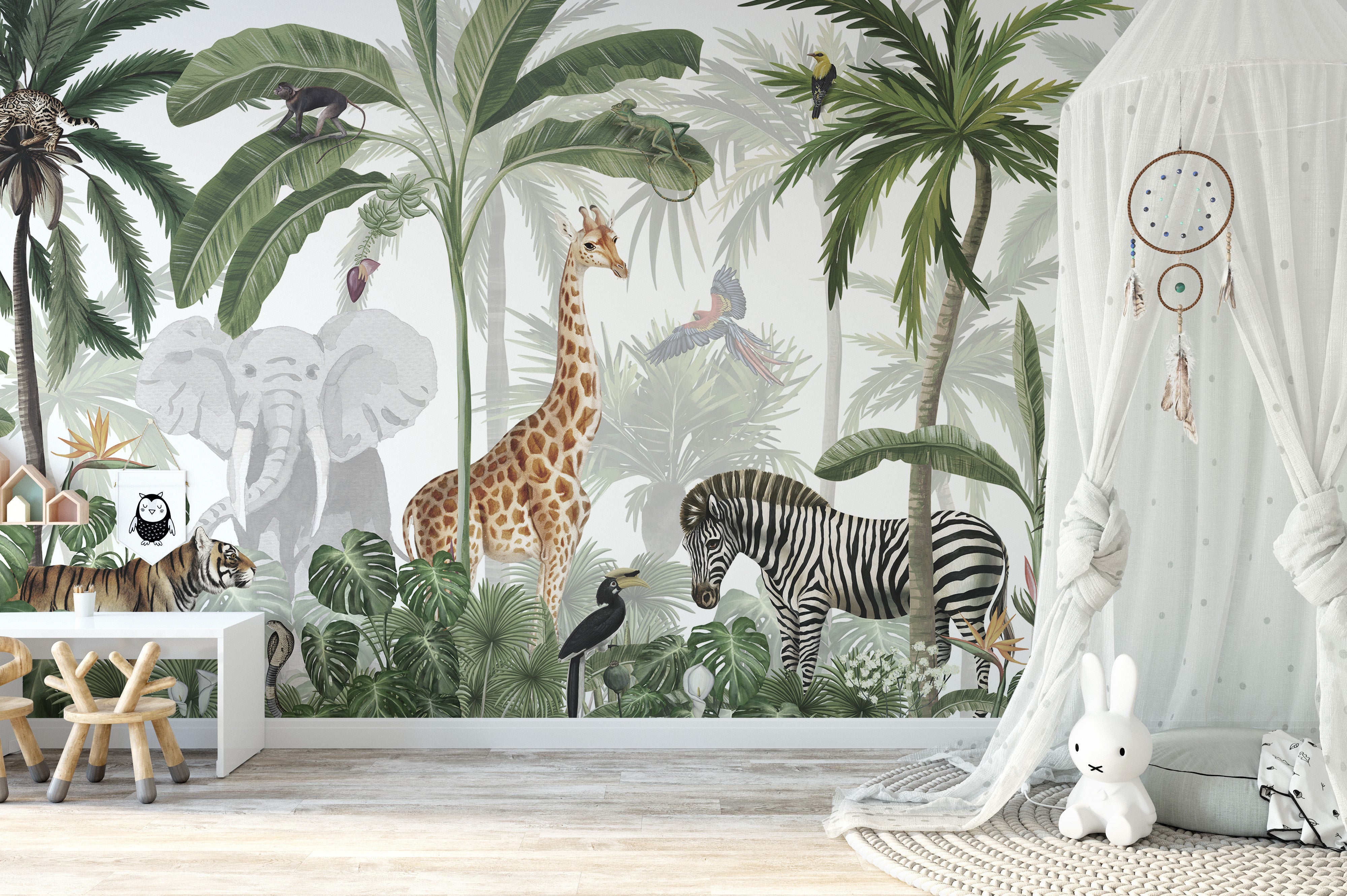 Tropical jungle mural featuring wildlife-themed wallpaper