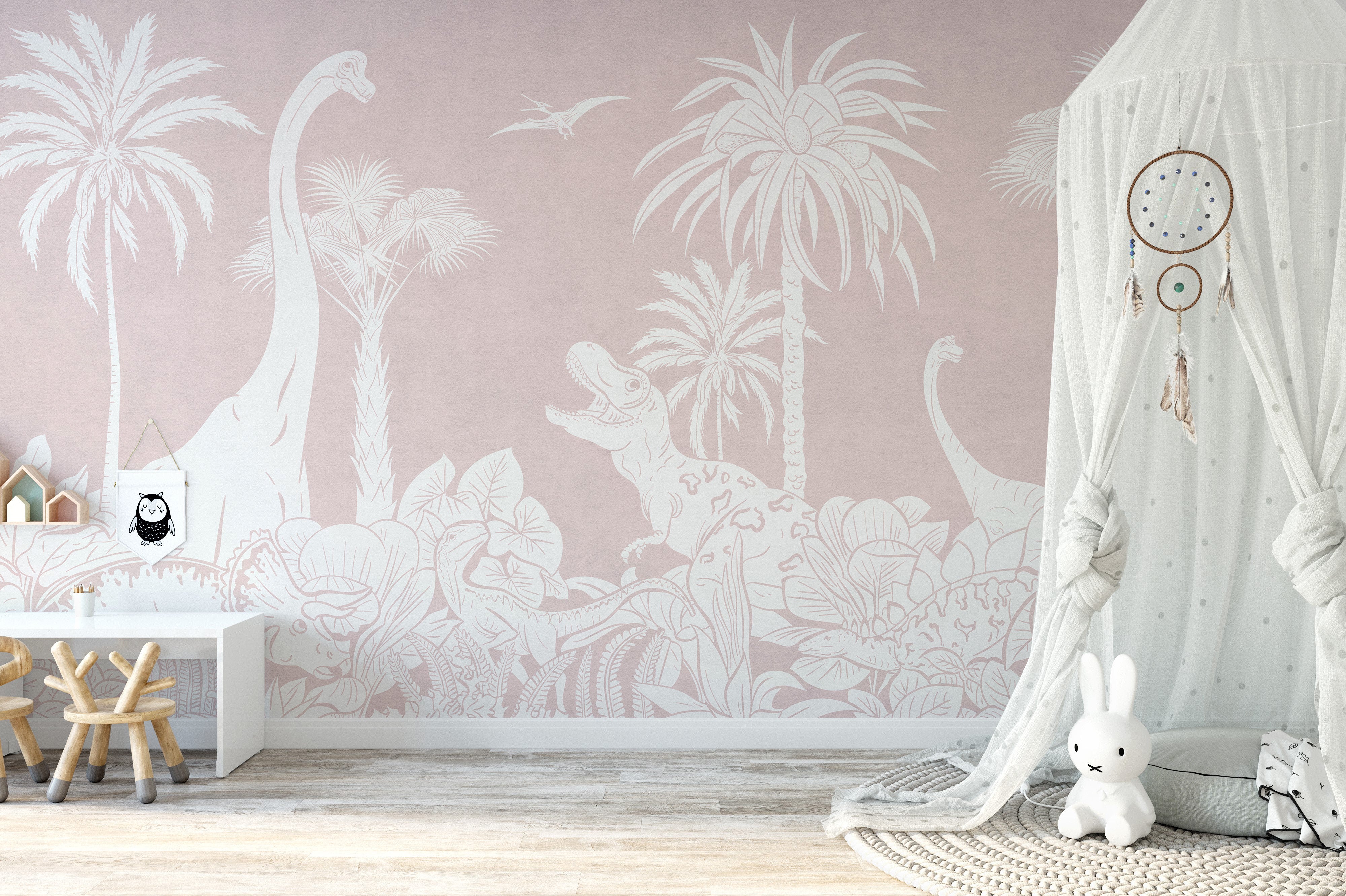 Tropical dinosaur design on pink wallpaper for kids' rooms.