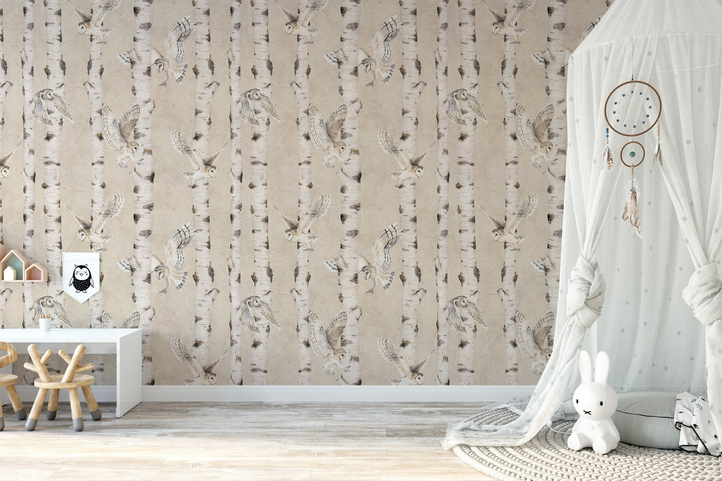 Owl Birch Forest Wallpaper - Beige