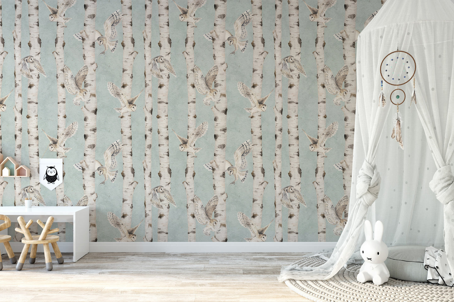 Owl Birch Forest Wallpaper - Blue