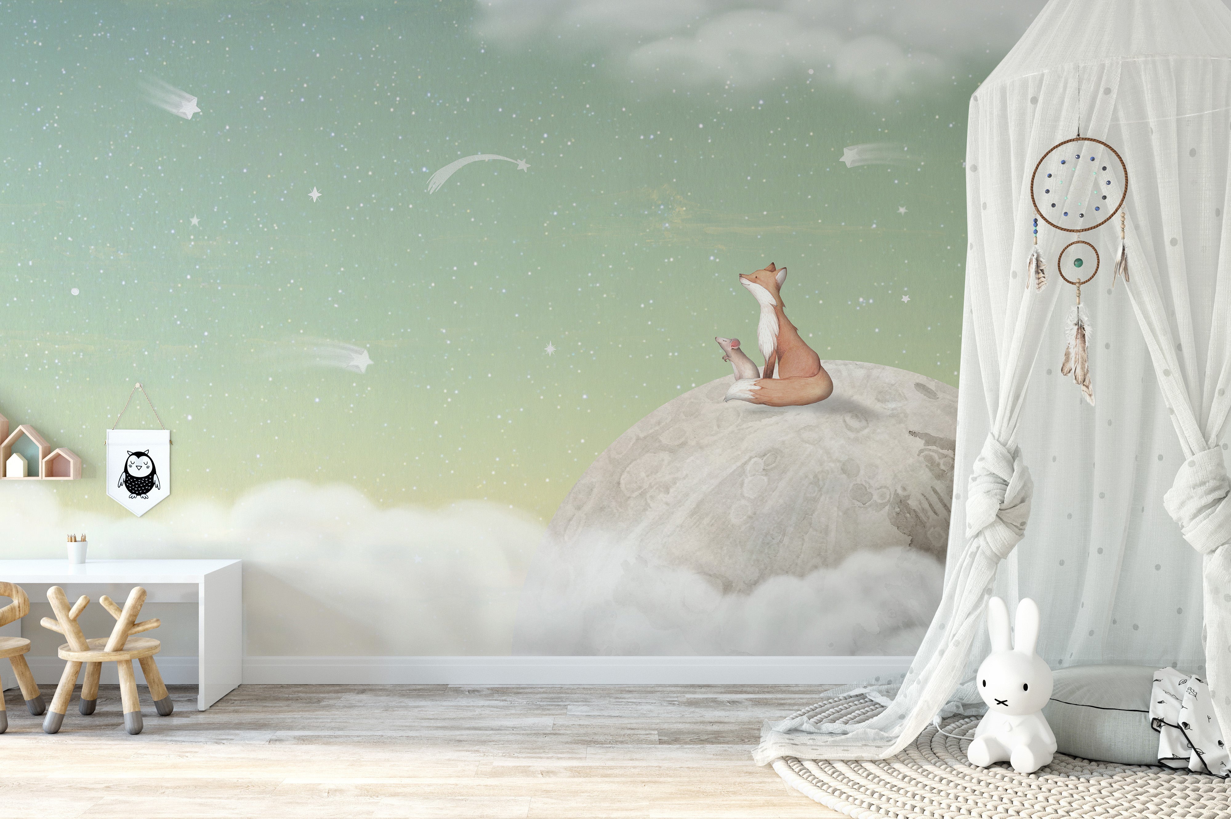 Fox On the Moon Green Wallpaper Mural for kids