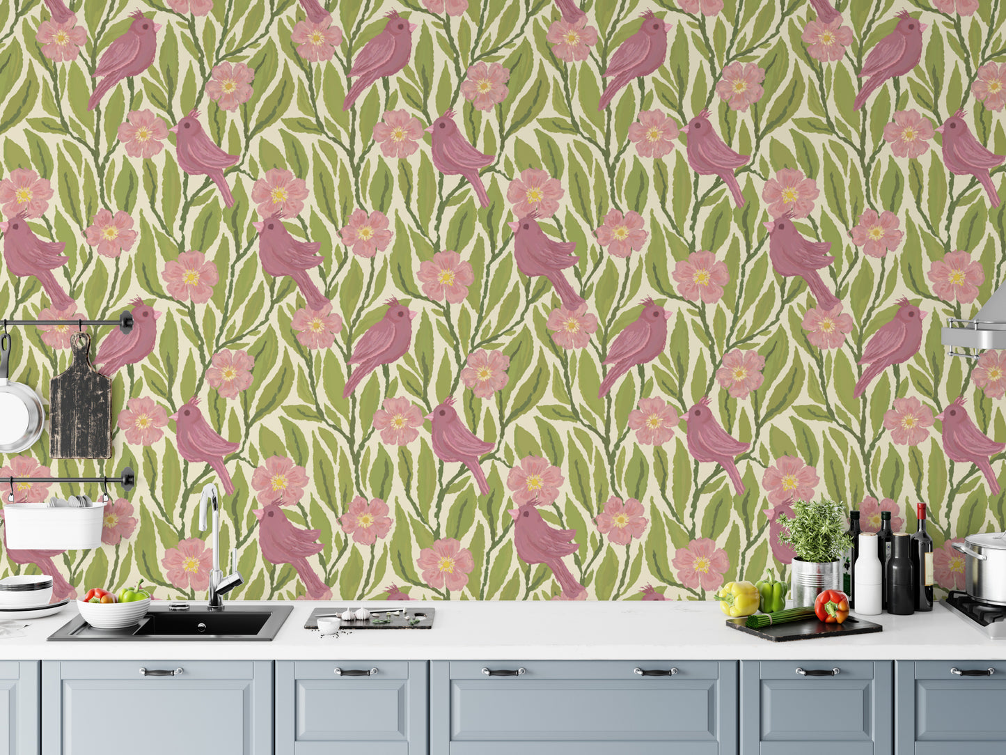 Sophisticated pink birds and flowers mural for chic and modern walls.
