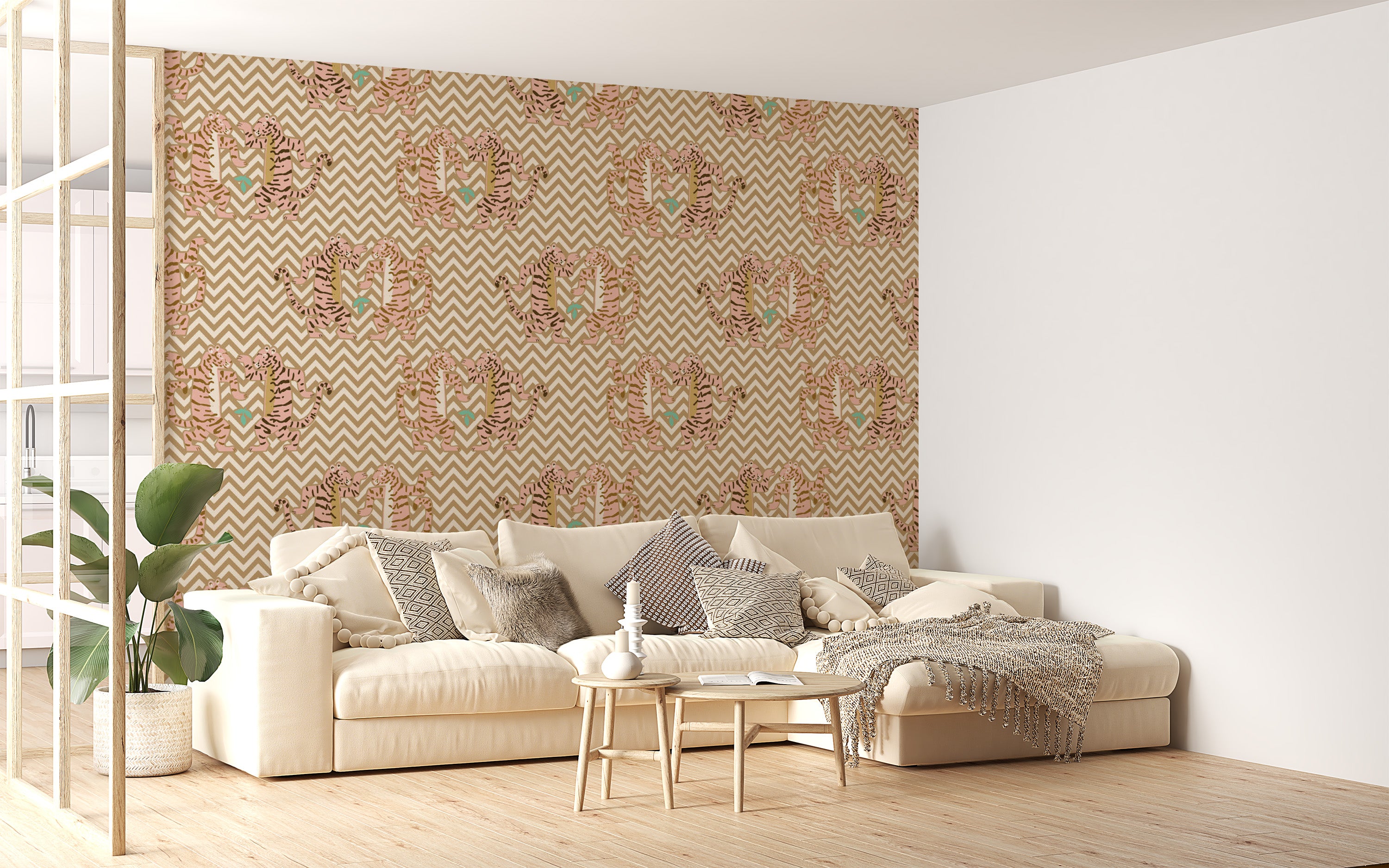 Zigzag wallpaper with dancing tiger design in light sand
