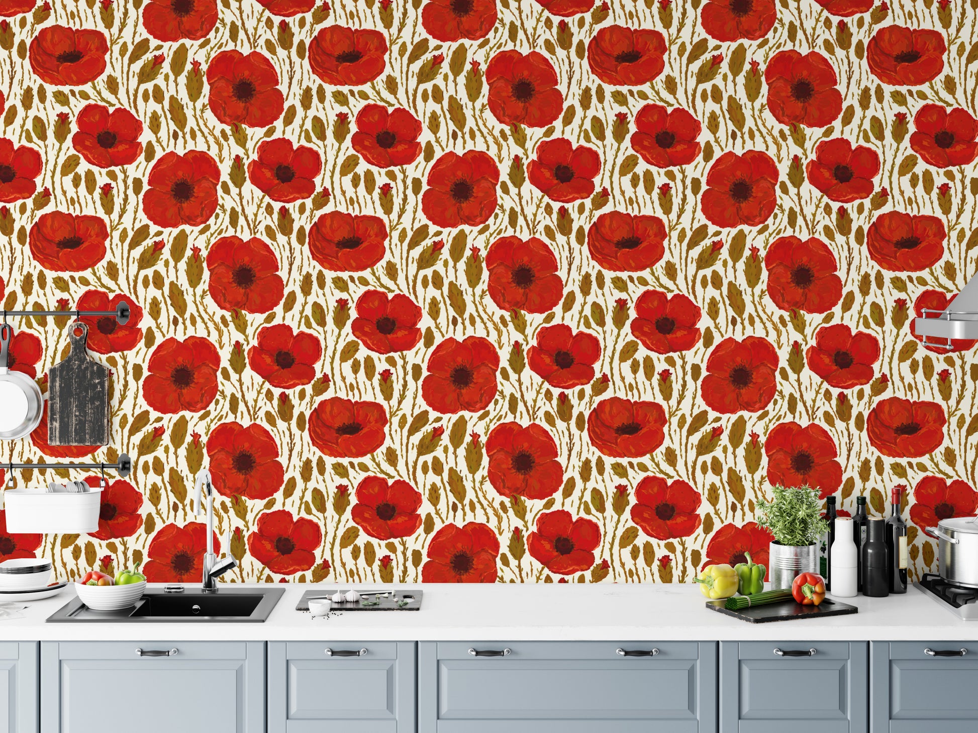 Nature-inspired light red poppy wallpaper for serene and cozy spaces.
