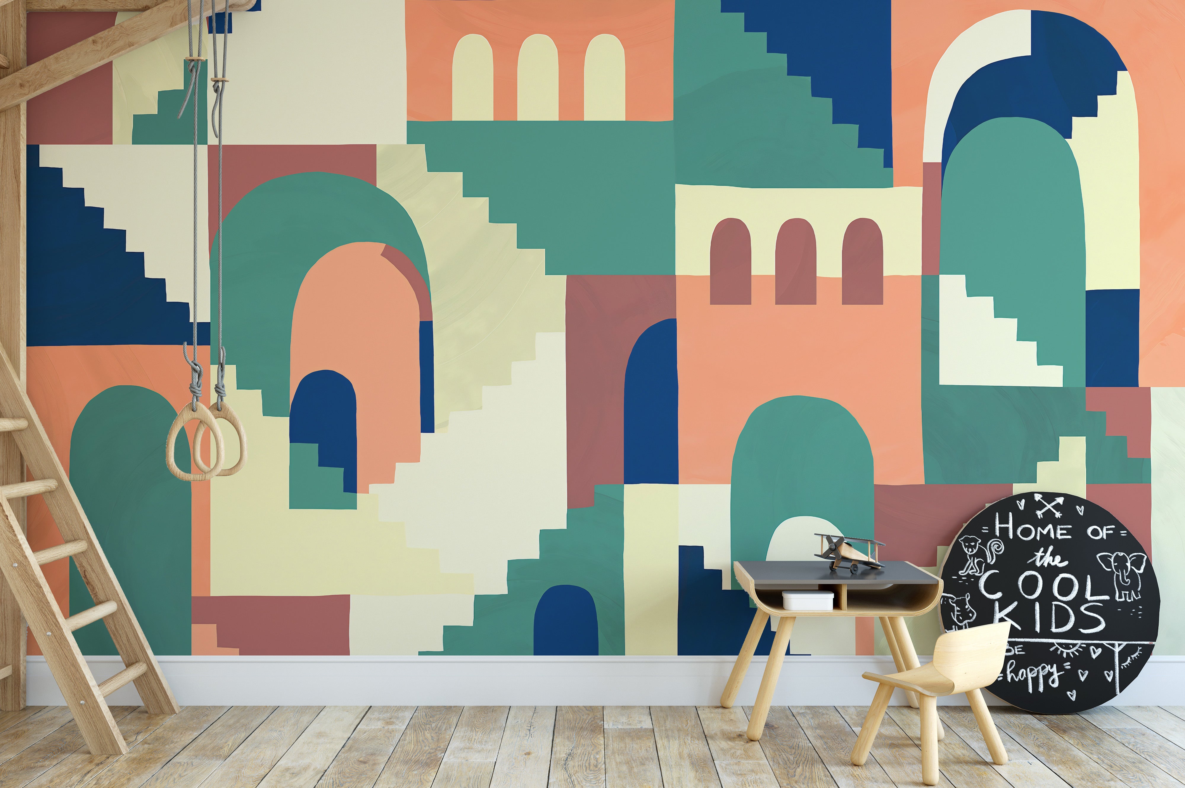 Cartoon maze wallpaper mural with multicolor abstract design