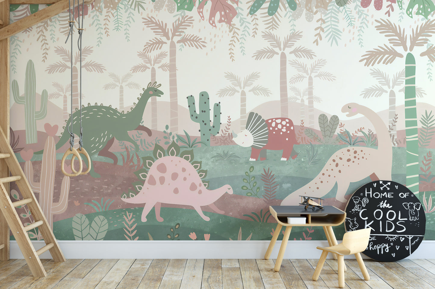 Playful green and pink dinosaur wall mural
