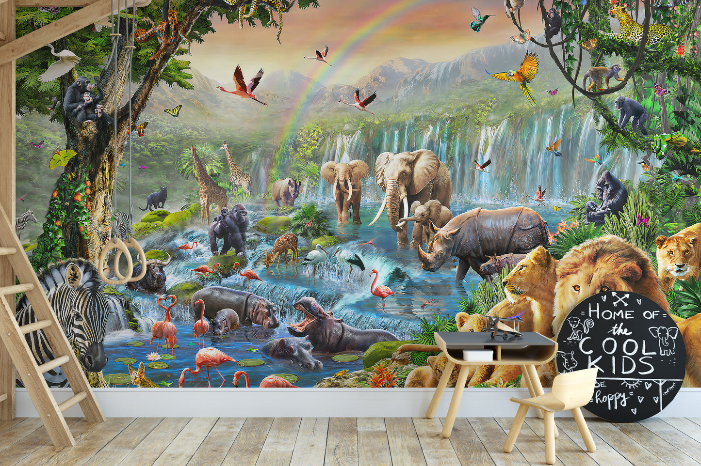 Vivid Animal Kingdom with waterfall Wallpaper Murals