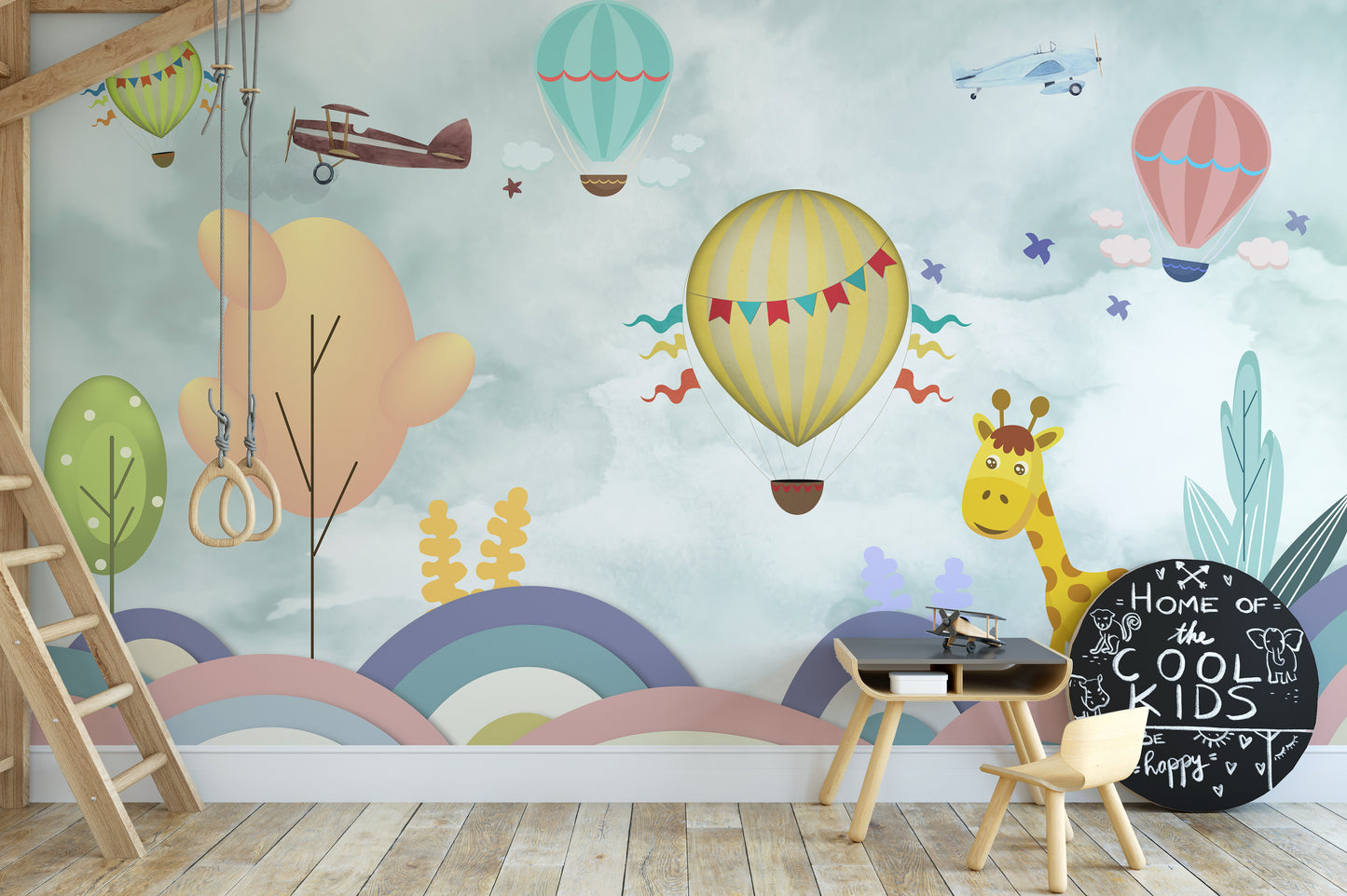 Hot Air Balloon Cartoon Kids Room Wallpaper Mural - Giffywalls