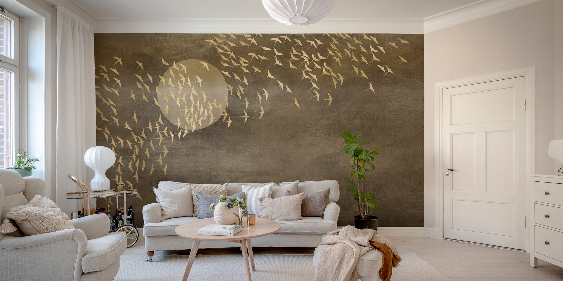 Golden Birds Flying in Sky Wallpaper Mural