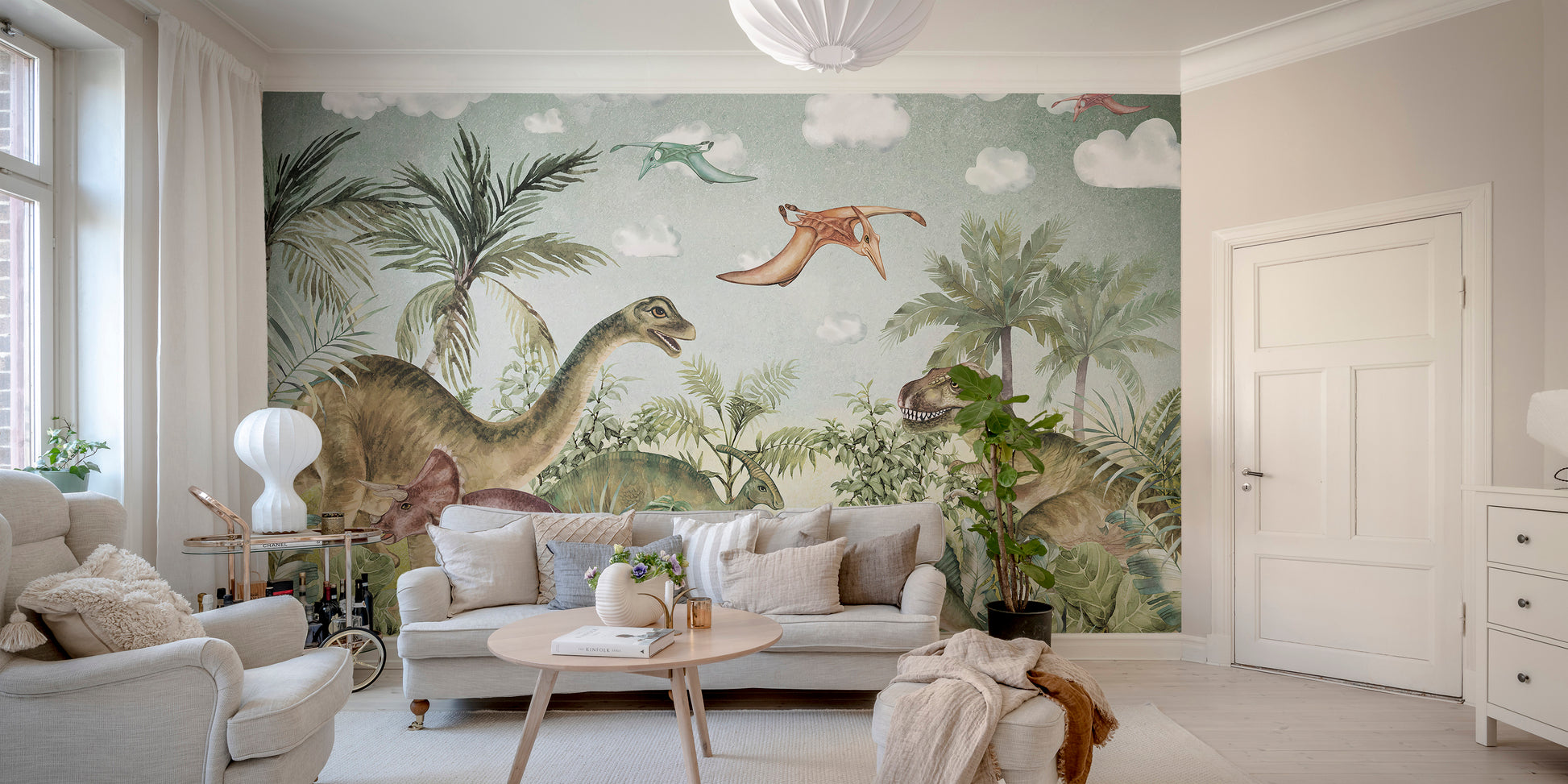 Scenic dinosaur era wall mural in Jurassic style
