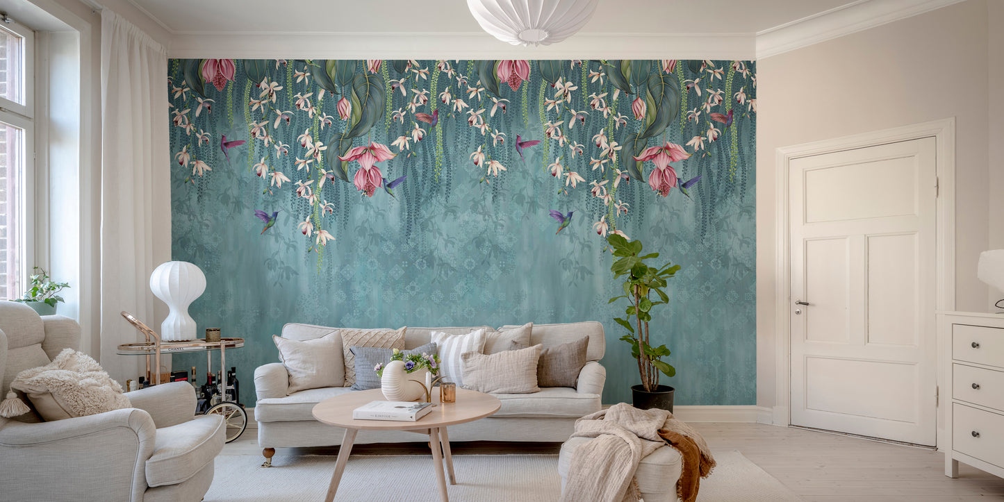 Hanging Pink Flower on Turquoise Wallpaper