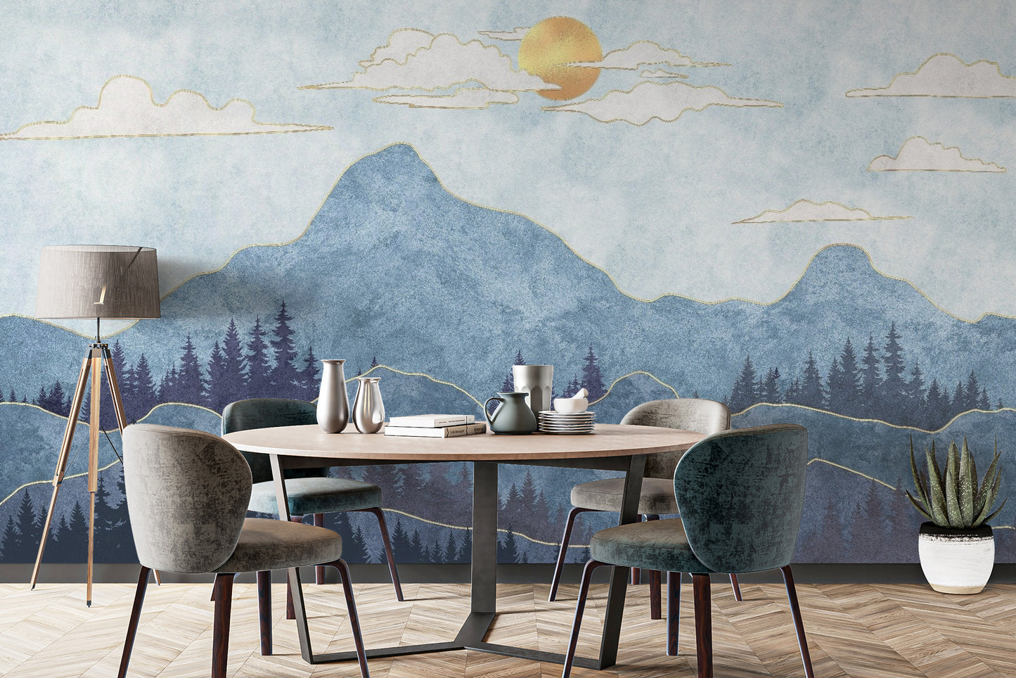 Serene Watercolor Blue Mountain Wall Mural Design