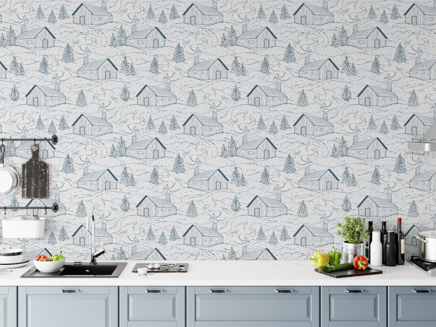 Whimsical smokey cabins wallpaper in blue for playful, cozy rooms.
