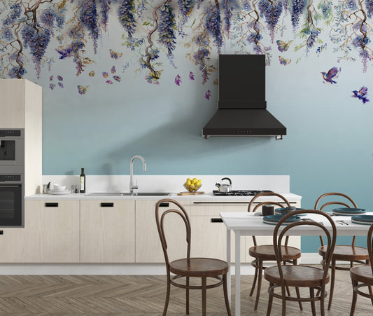 Wisteria romance blue wallpaper mural for a serene, elegant look.