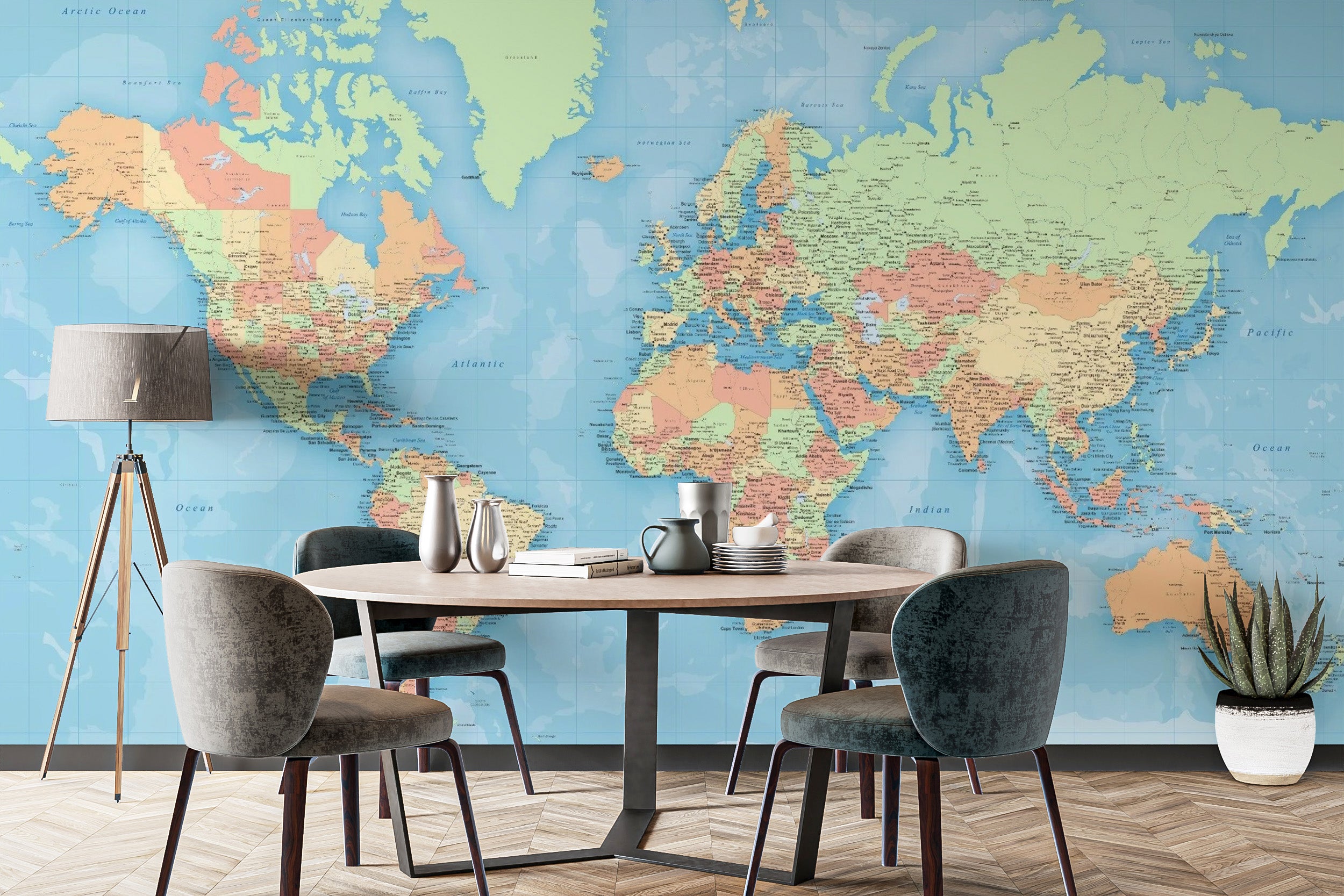 Artistic world map mural with bold and vivid colors.