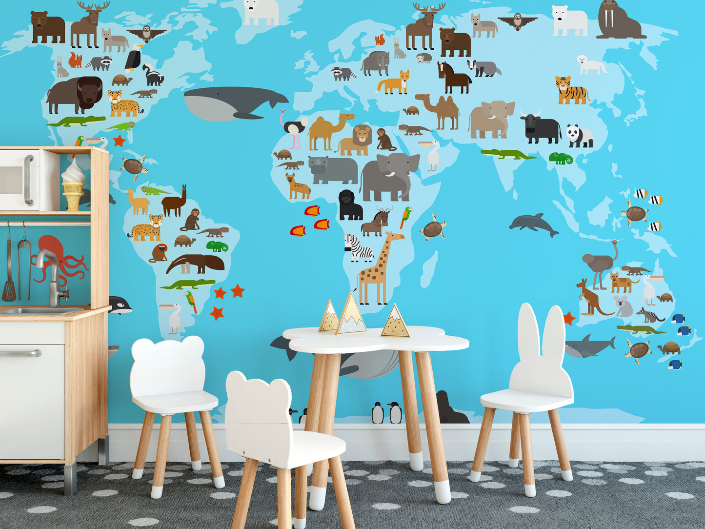 Whimsical animals map wall mural for adventurous kids' rooms.
