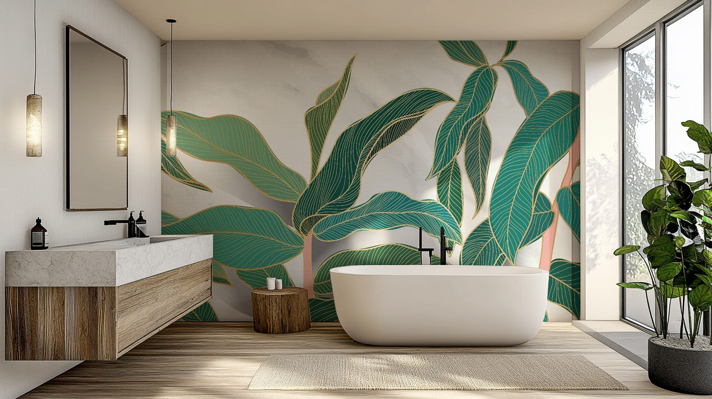 Tropical Gold Rimmed Leaves Wallpaper Mural design