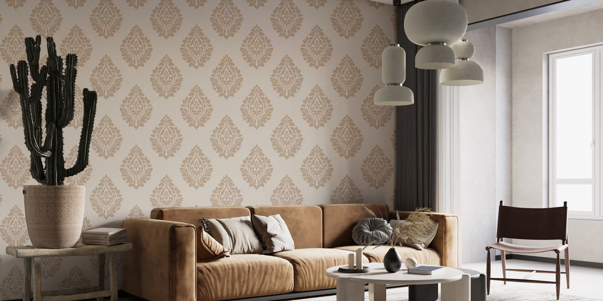 Luxurious beige damask wallpaper for Victorian-inspired decor.