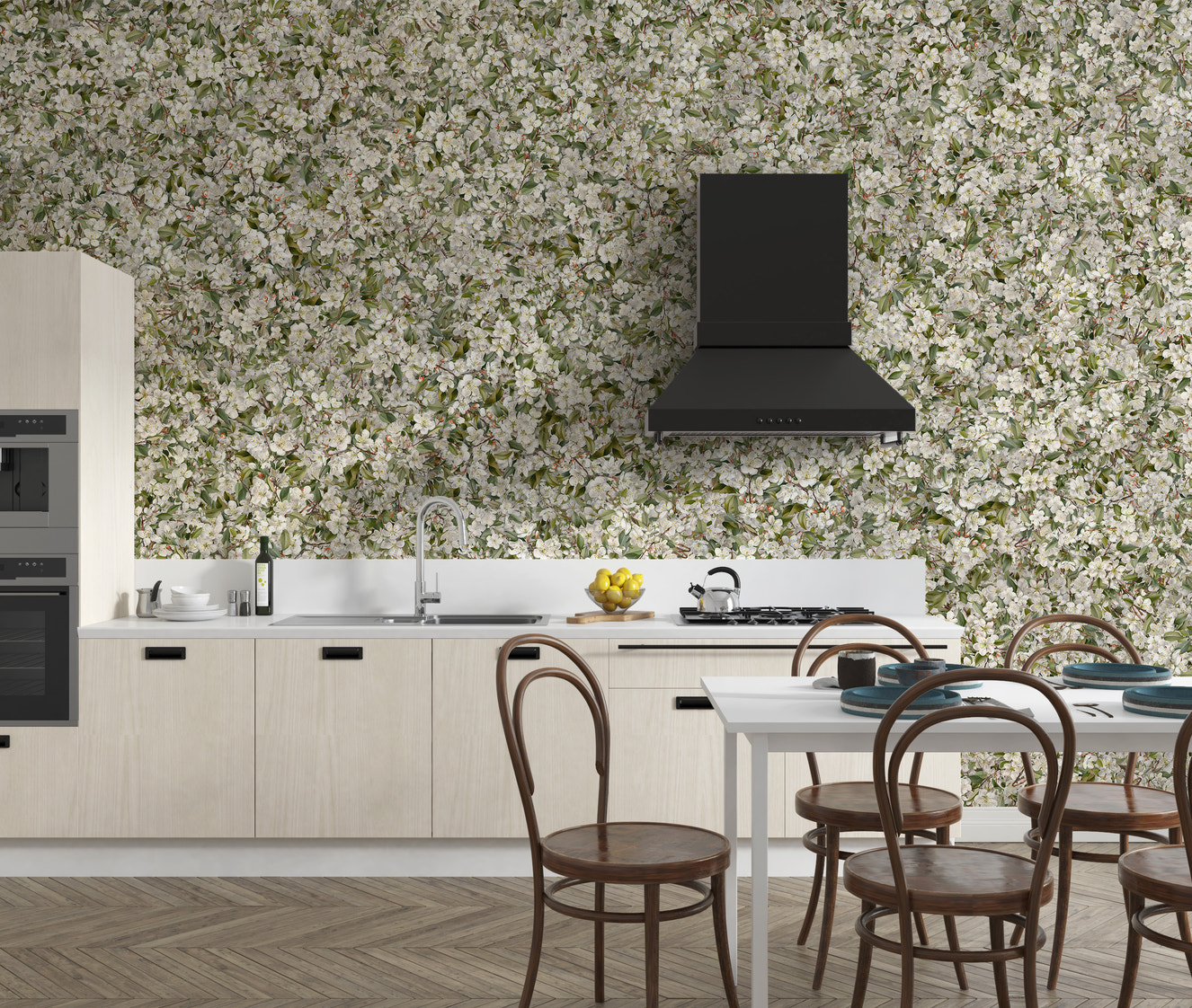 Minimalist white blossom wallpaper mural design
