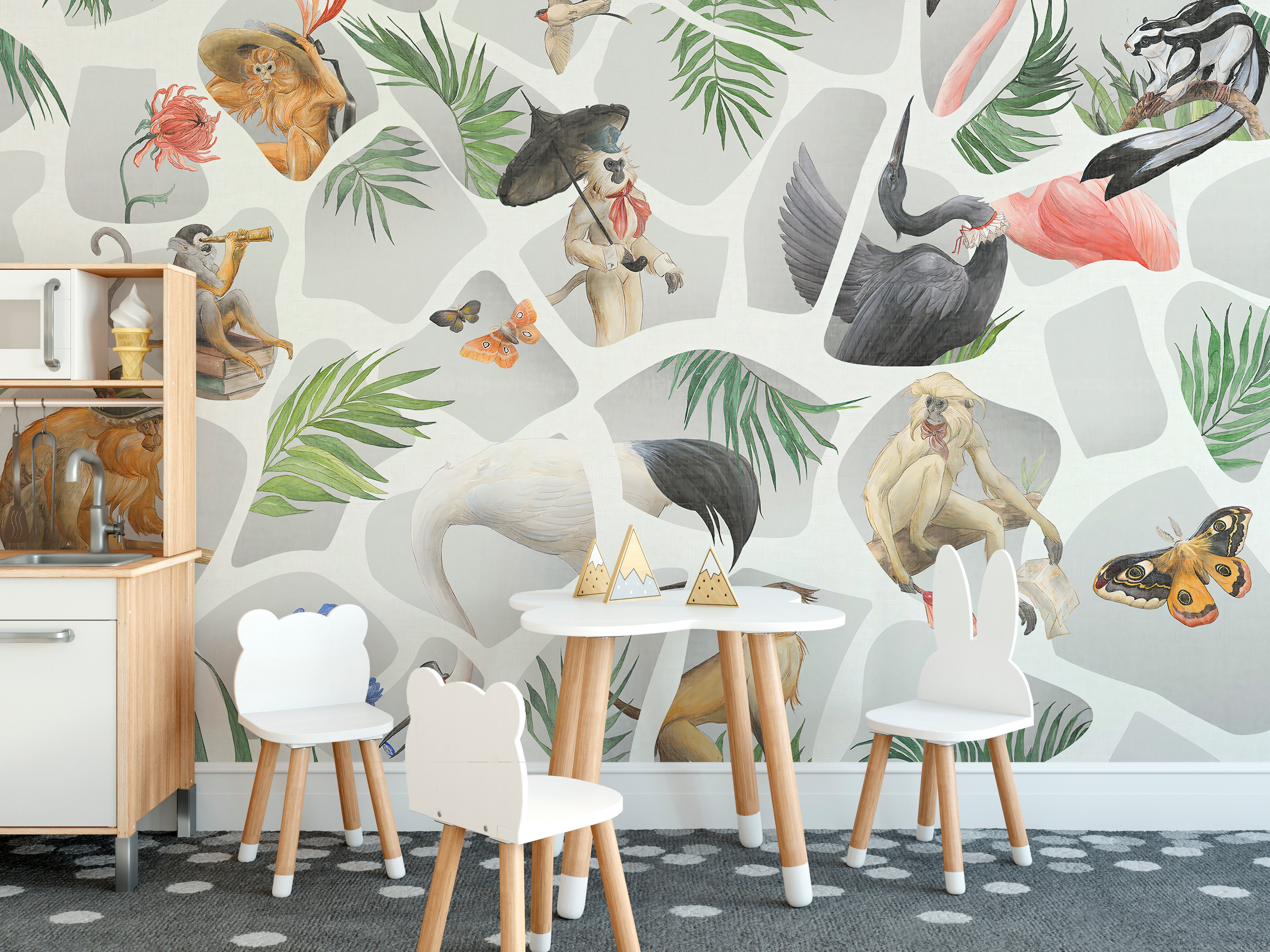 Watercolor monkey and birds mural in soft gray for versatile walls.
