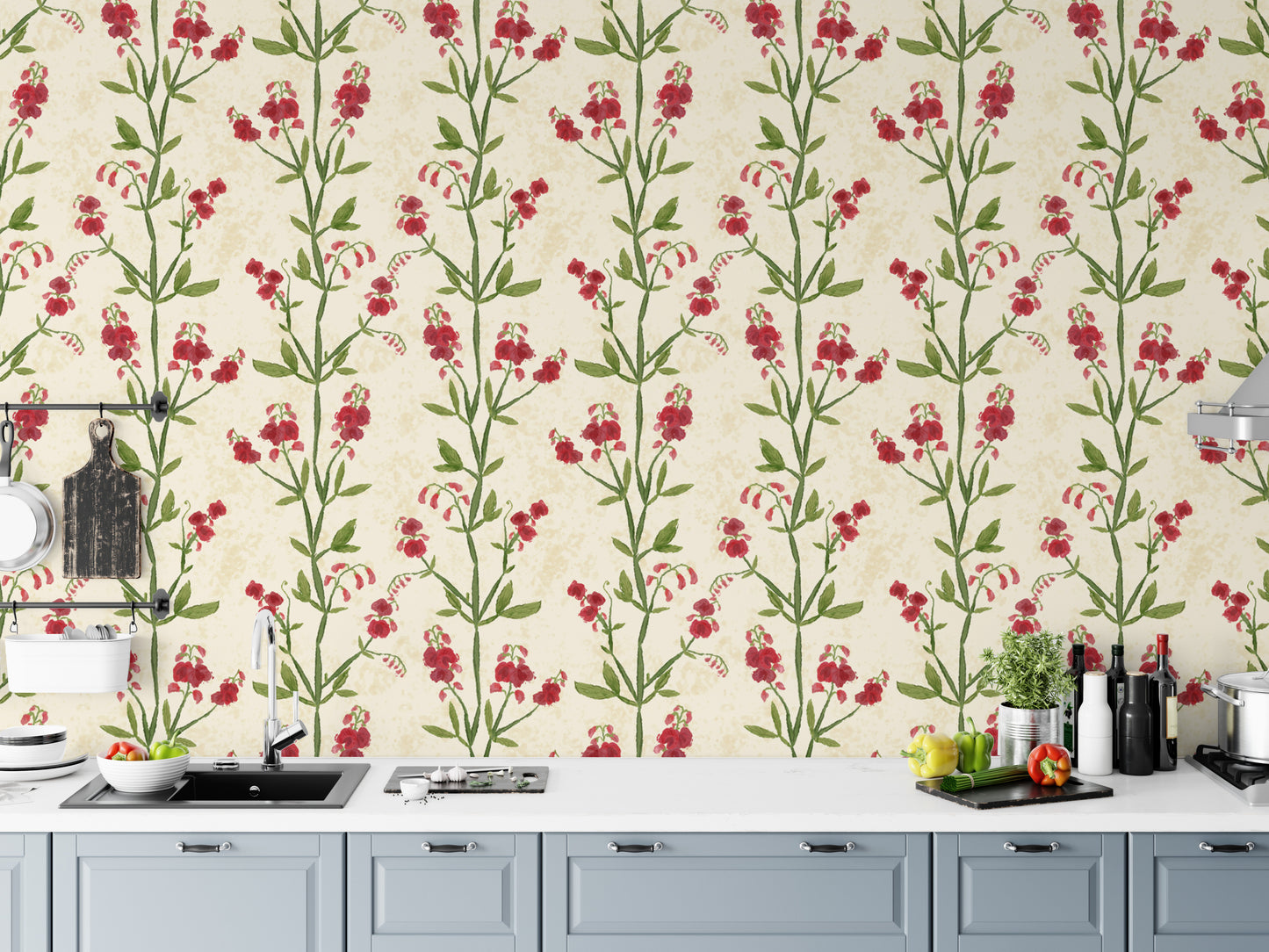 Magenta leaves sweet peas wallpaper for a statement wall.
