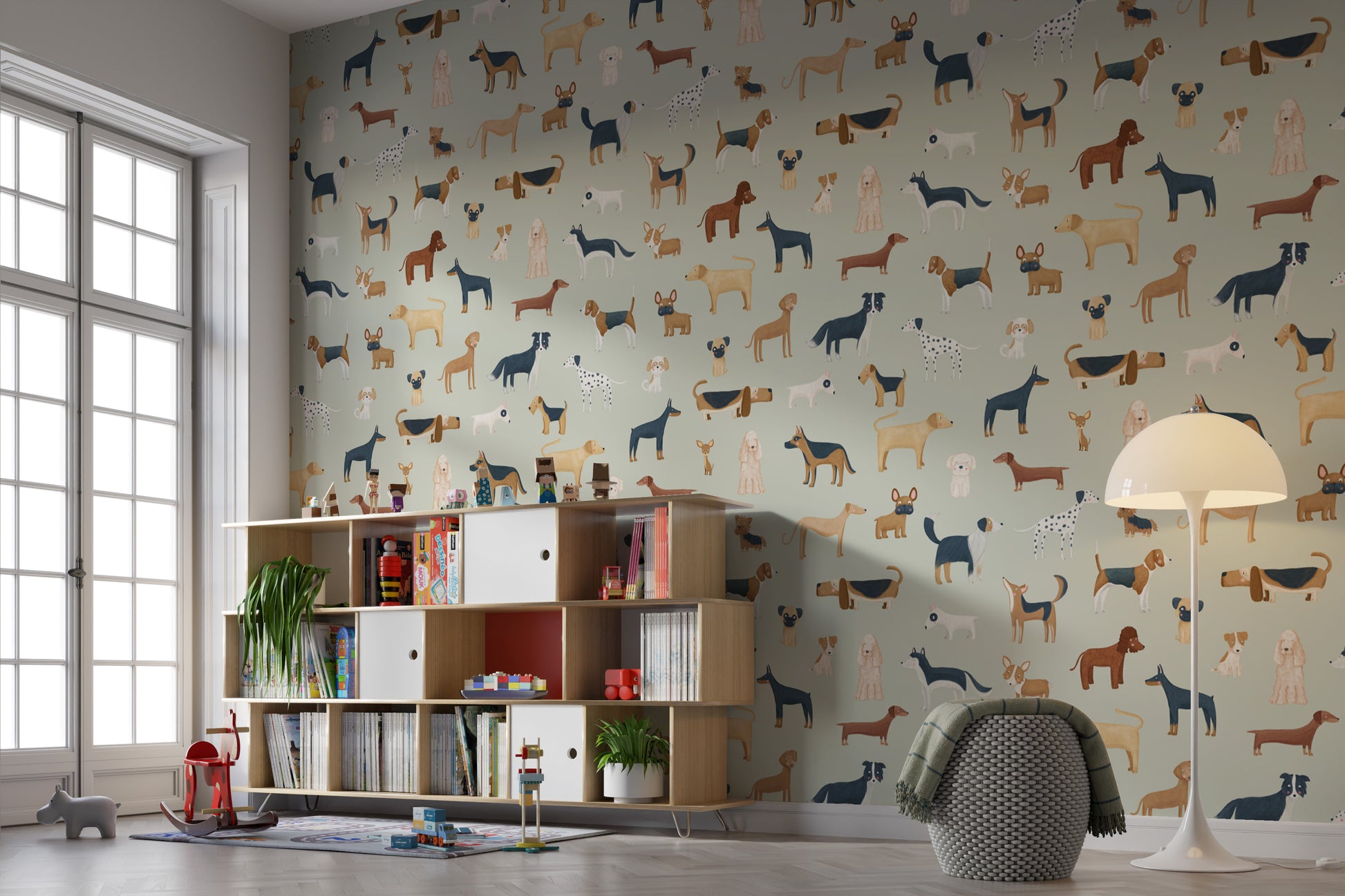 Puppy-themed wallpaper perfect for nursery walls
