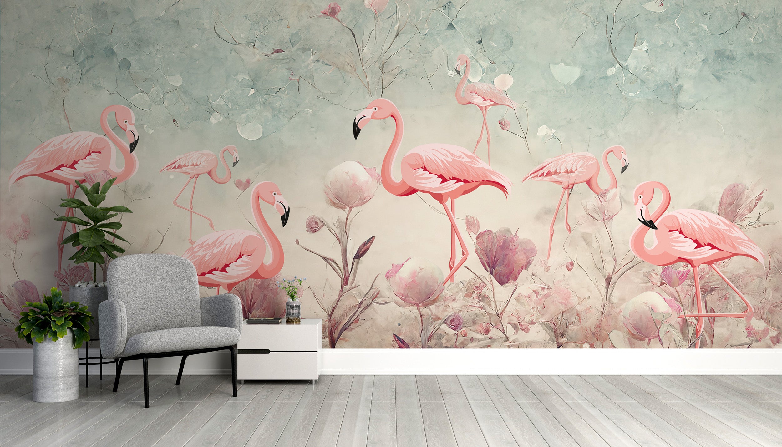 Tropical Mystic Flamingo Grove mural for unique wall decor.
