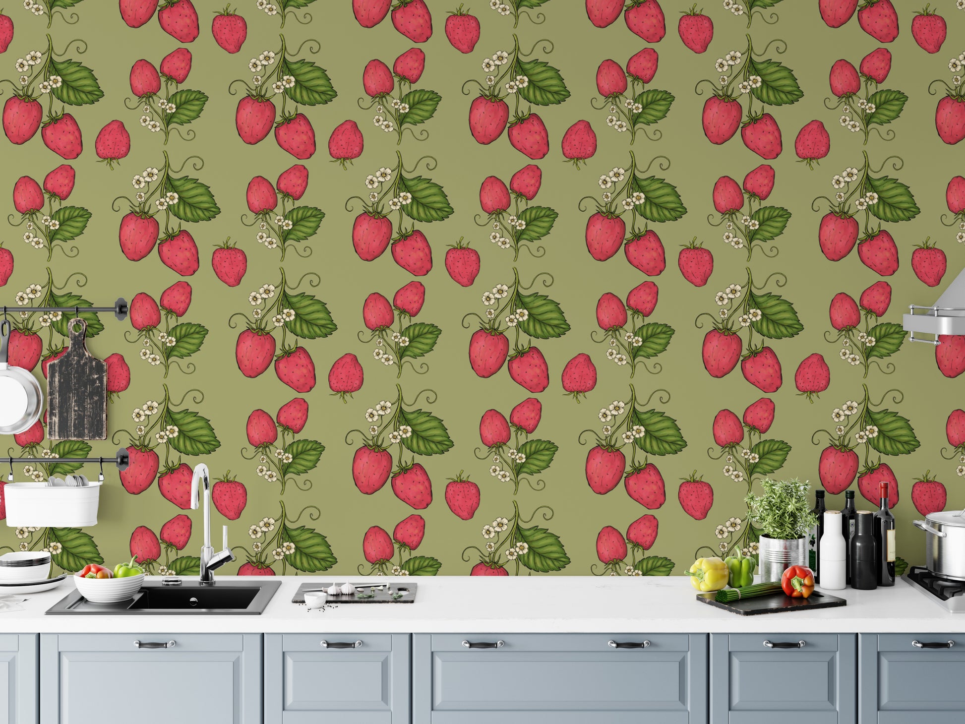 Pink strawberry design wallpaper for whimsical interiors.
