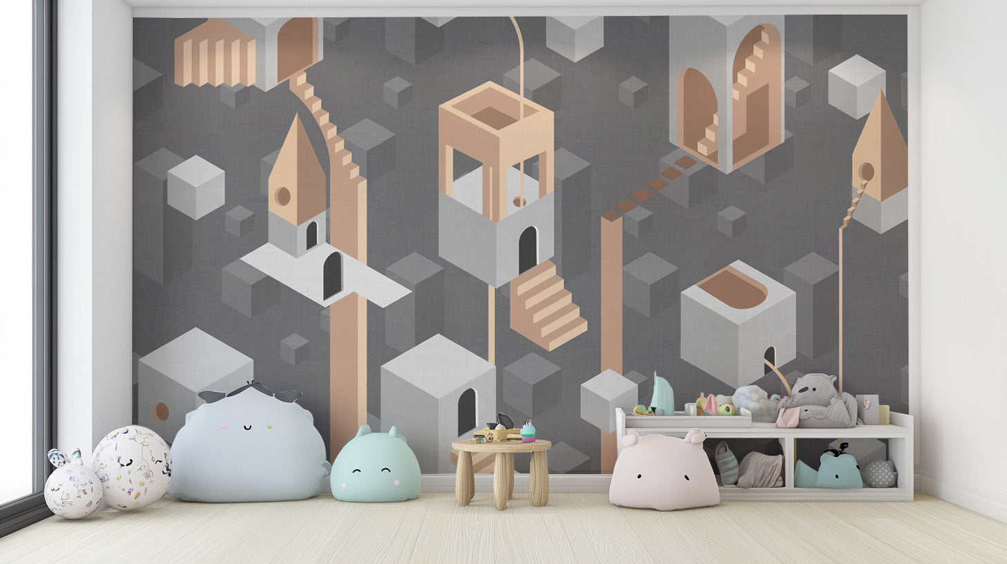 Gray Surreal Geometric Architecture Wallpaper for Contemporary Spaces
