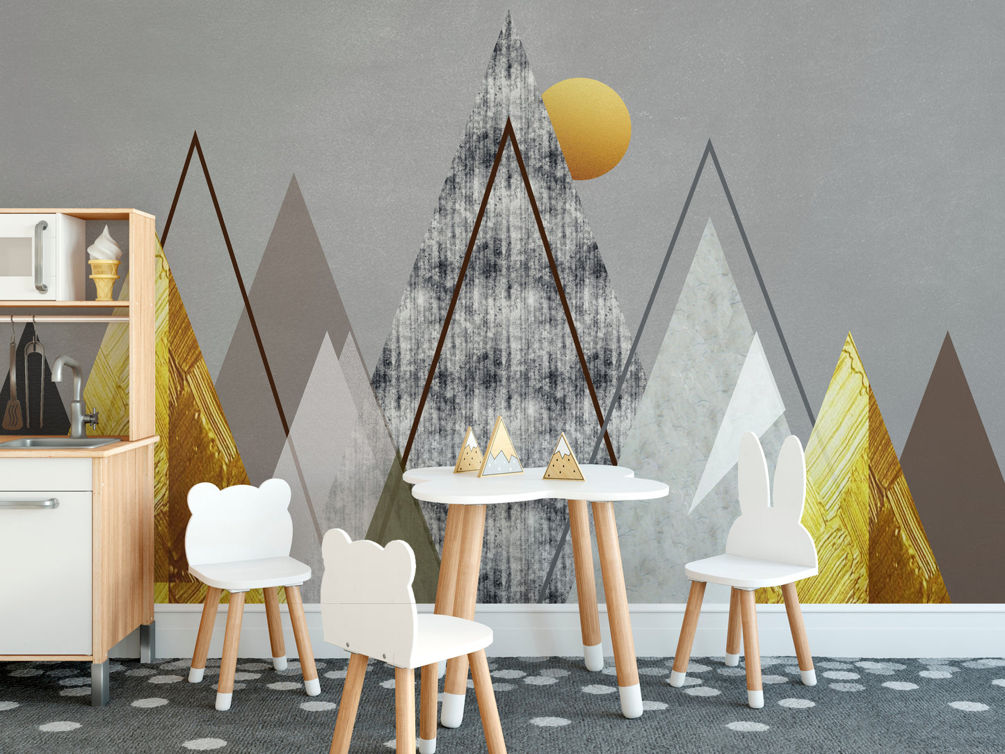 Geometric wallpaper mural creating a contemporary art vibe.
