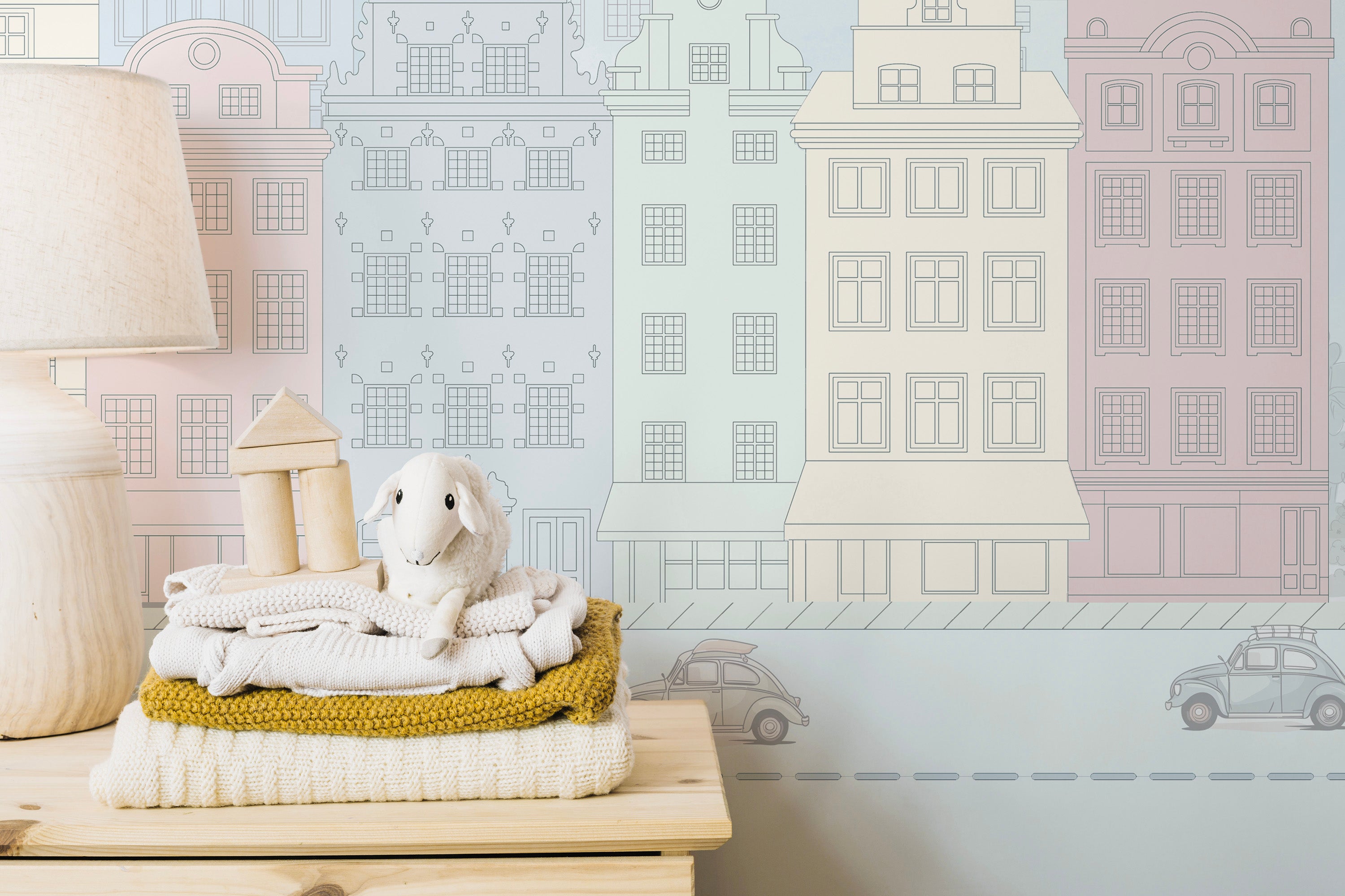 Playful city street wallpaper for nursery
