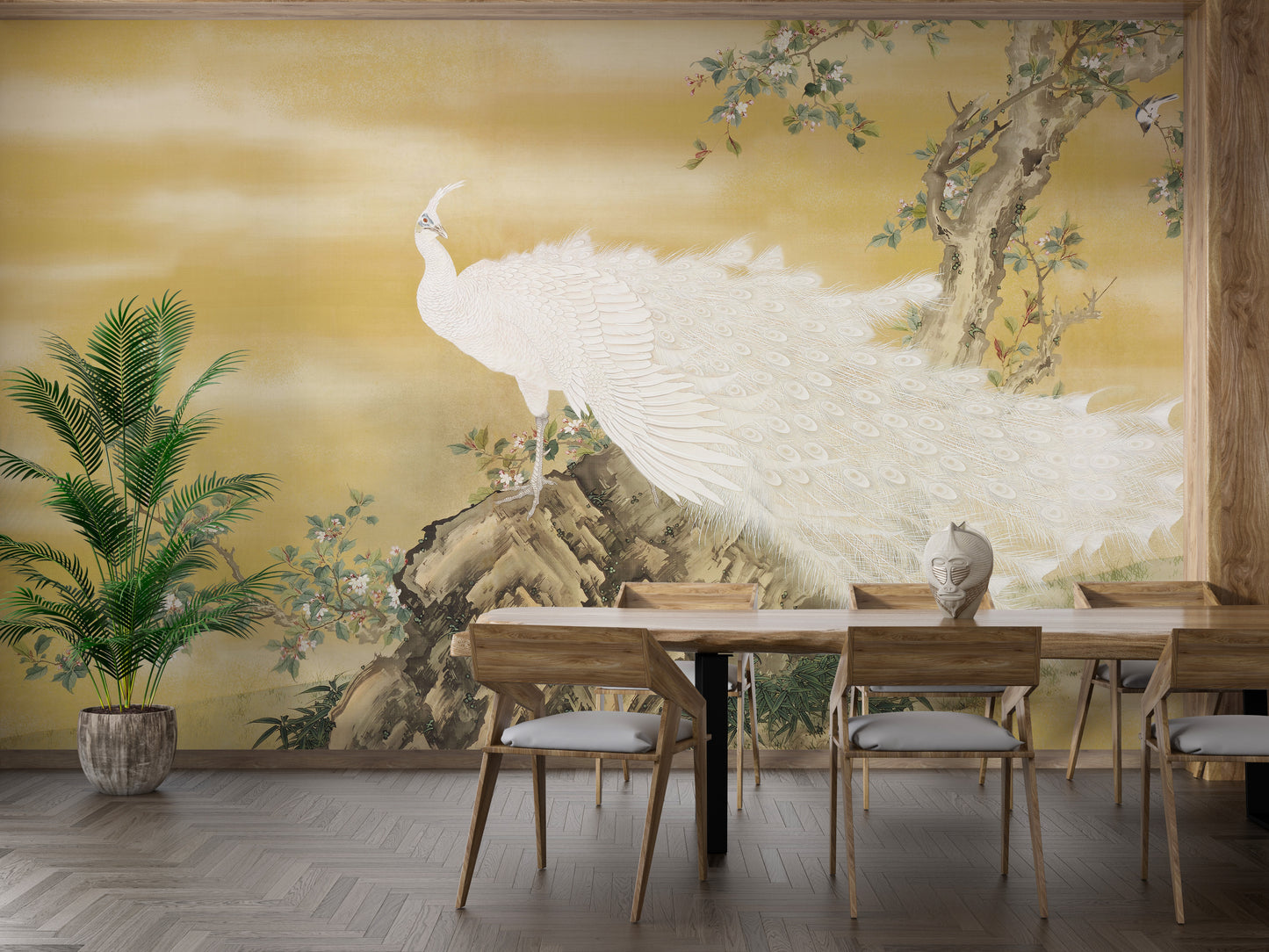 White Peafowl Sitting Rock Wallpaper Murals