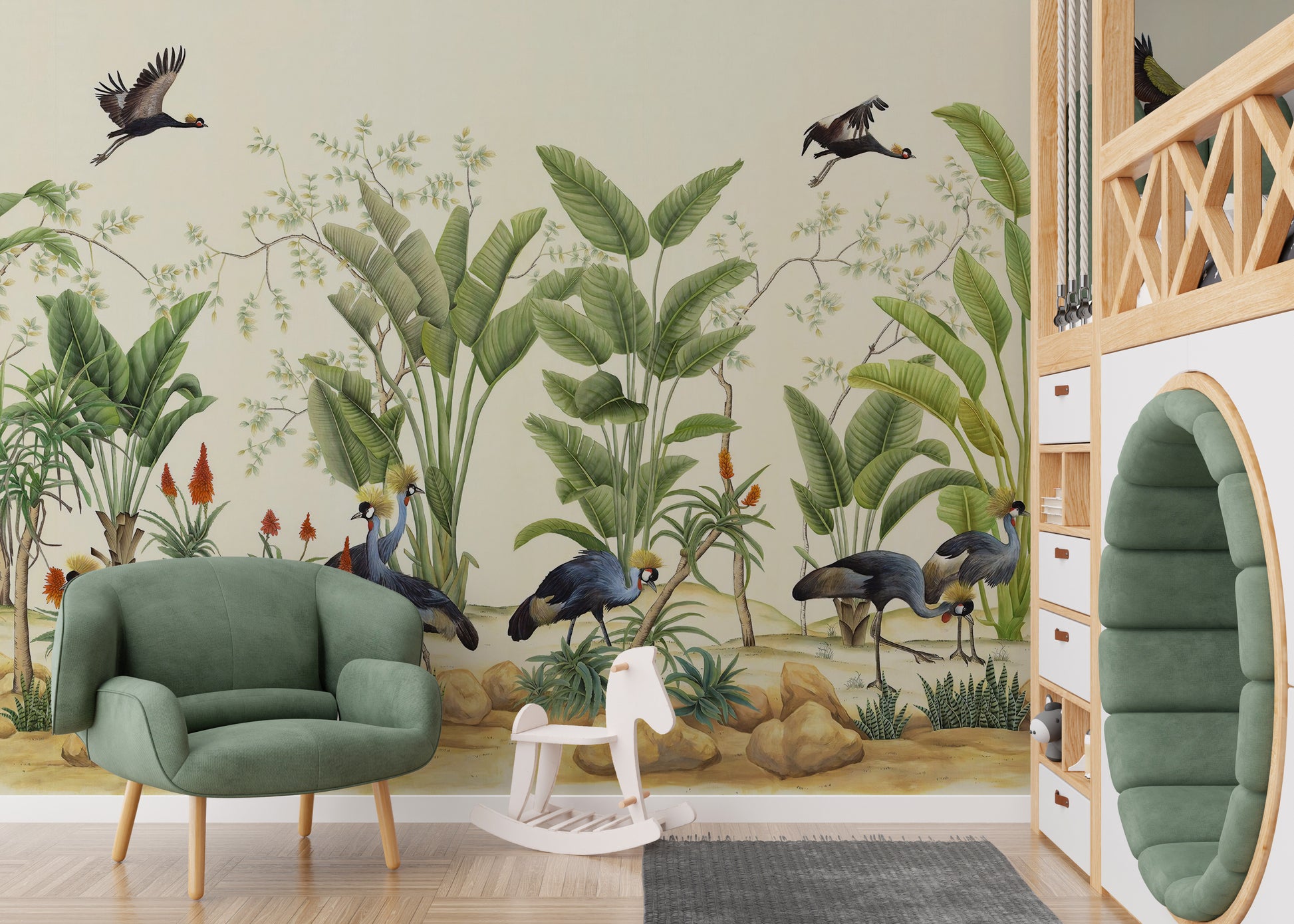 Tropical grey crane wallpaper mural design
