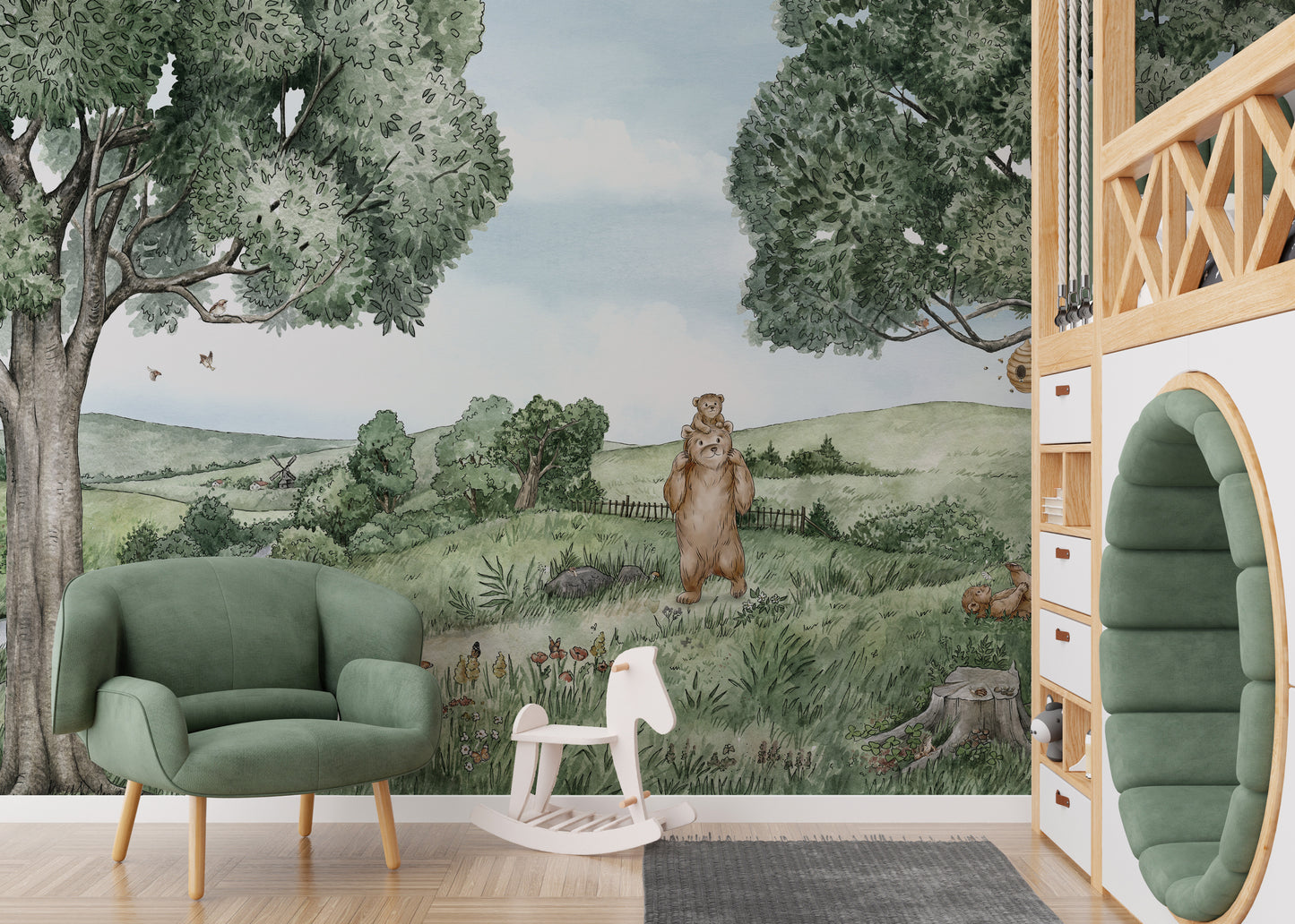 Kids' room wallpaper with bear and bees in a playful scene