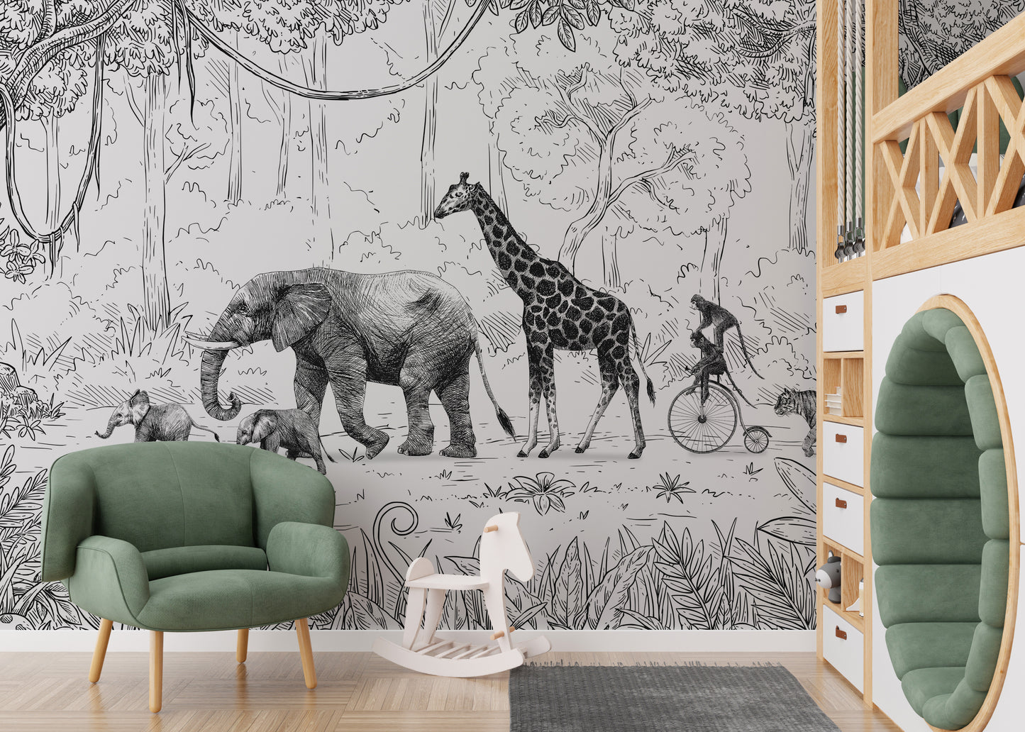 Animal Parade Black and White Wall Mural