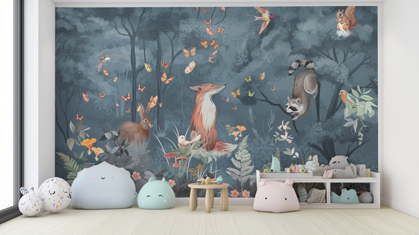 Beautiful forest wallpaper with animals and trees design.
