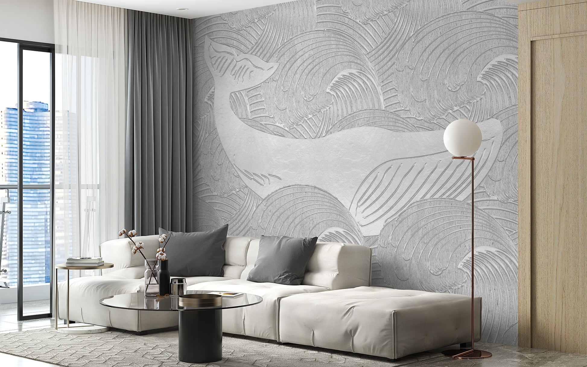 Silver whale-themed mural for creative kids' spaces