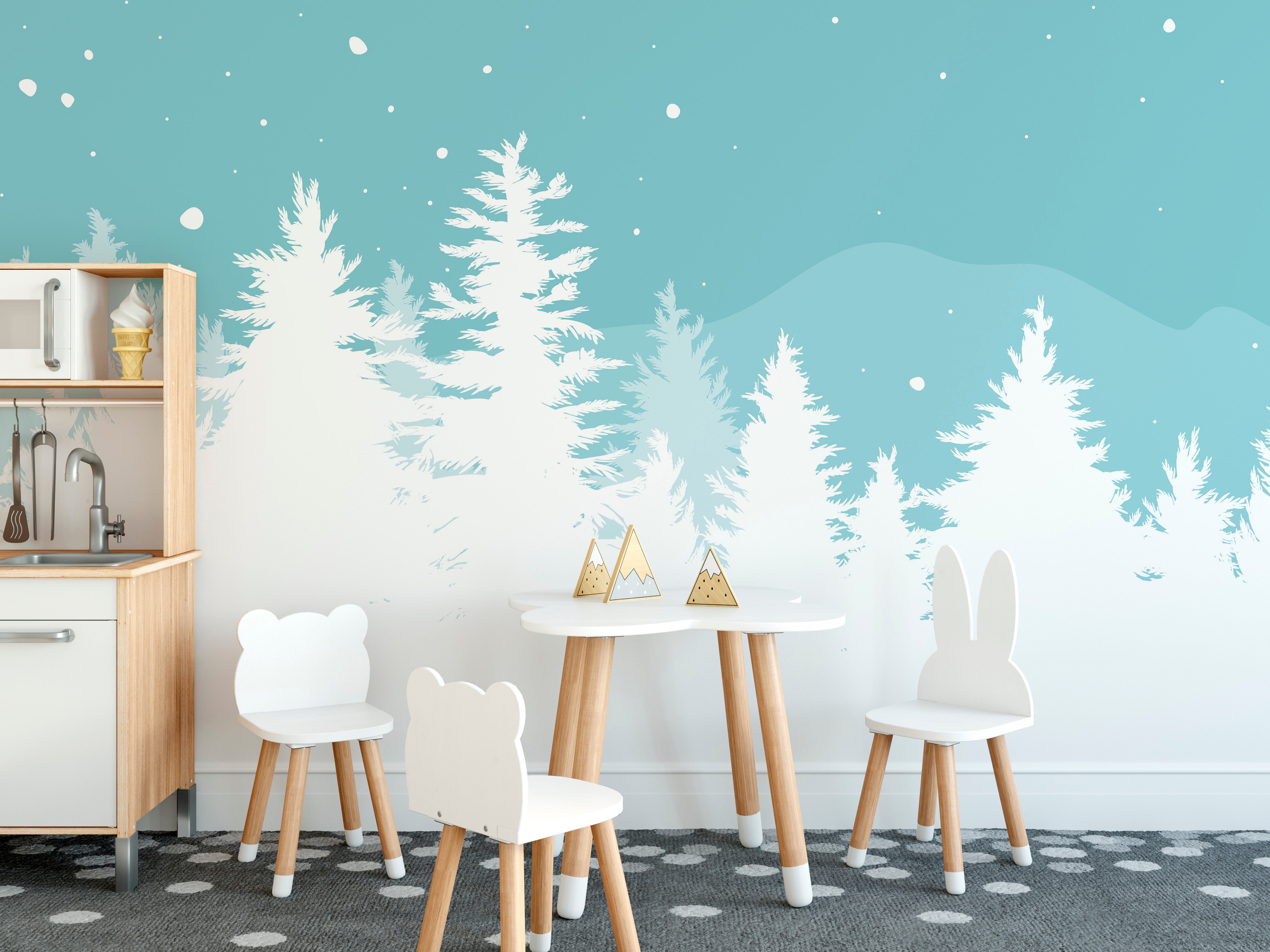 Winter-inspired mural with frosted pine trees for holiday interiors.
